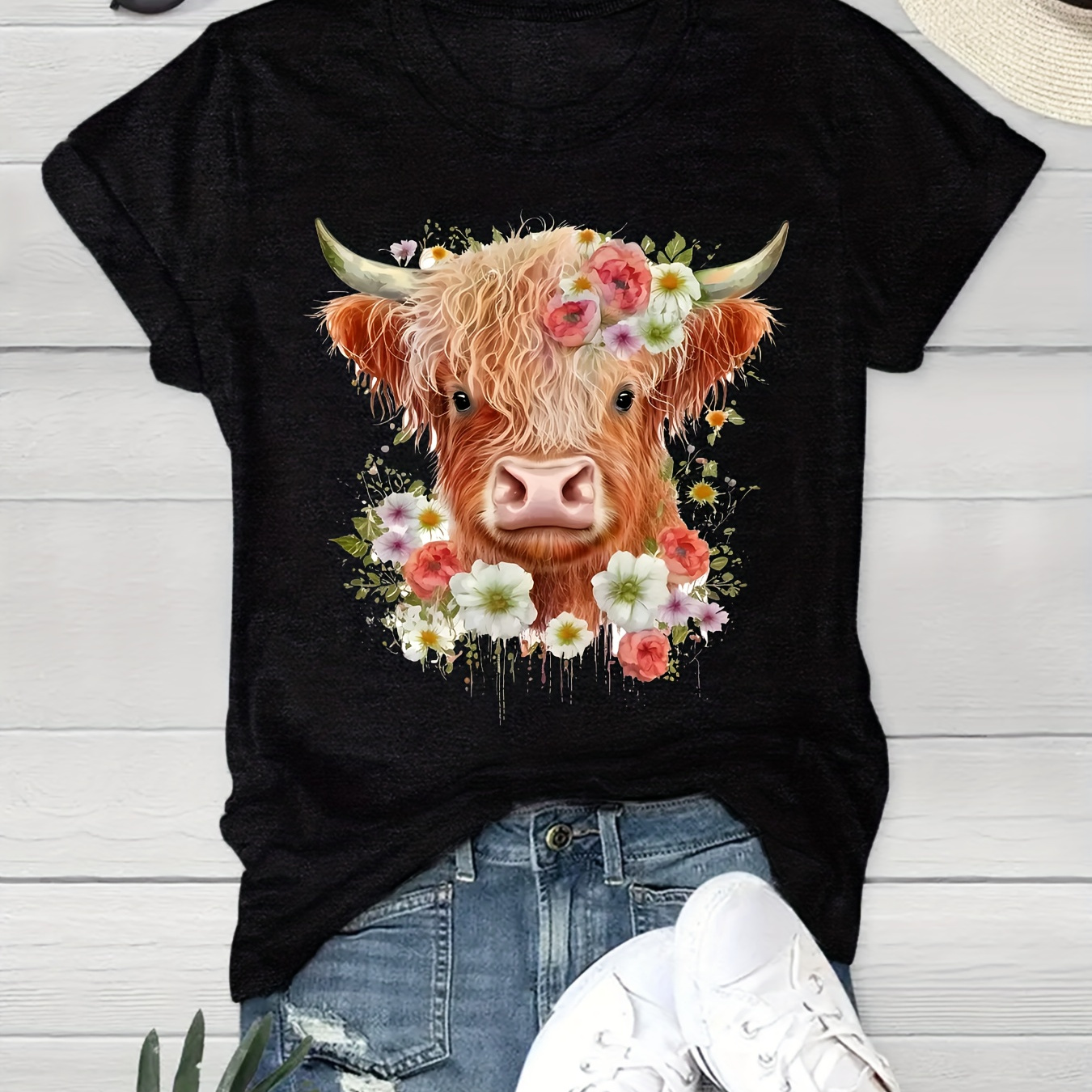 

Cow Head & Floral Print T-shirt, Short Sleeve Crew Neck Casual Top For Summer & Spring, Women's Clothing