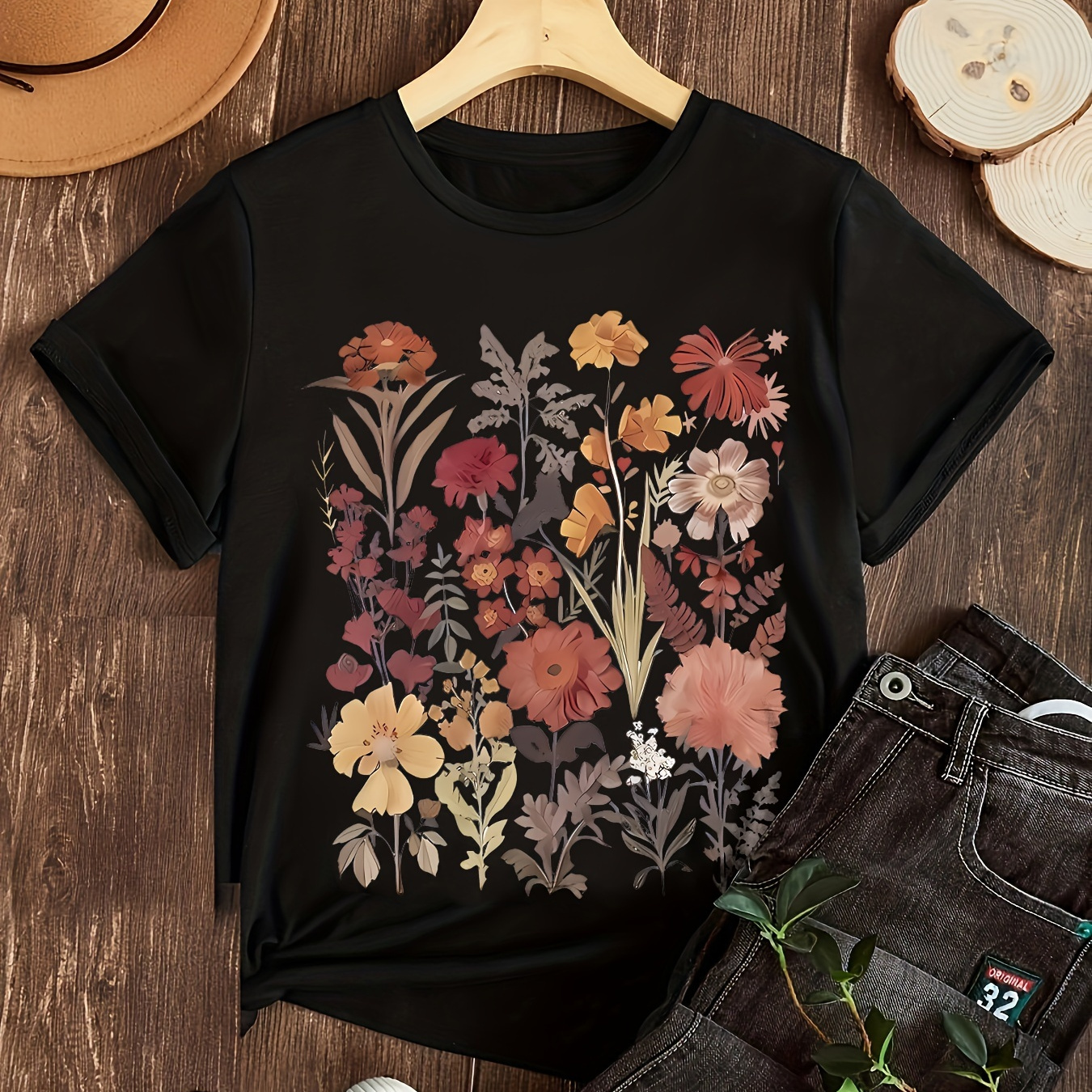 

Floral Print T-shirt, Short Sleeve Crew Neck Casual Top For Summer & Spring, Women's Clothing