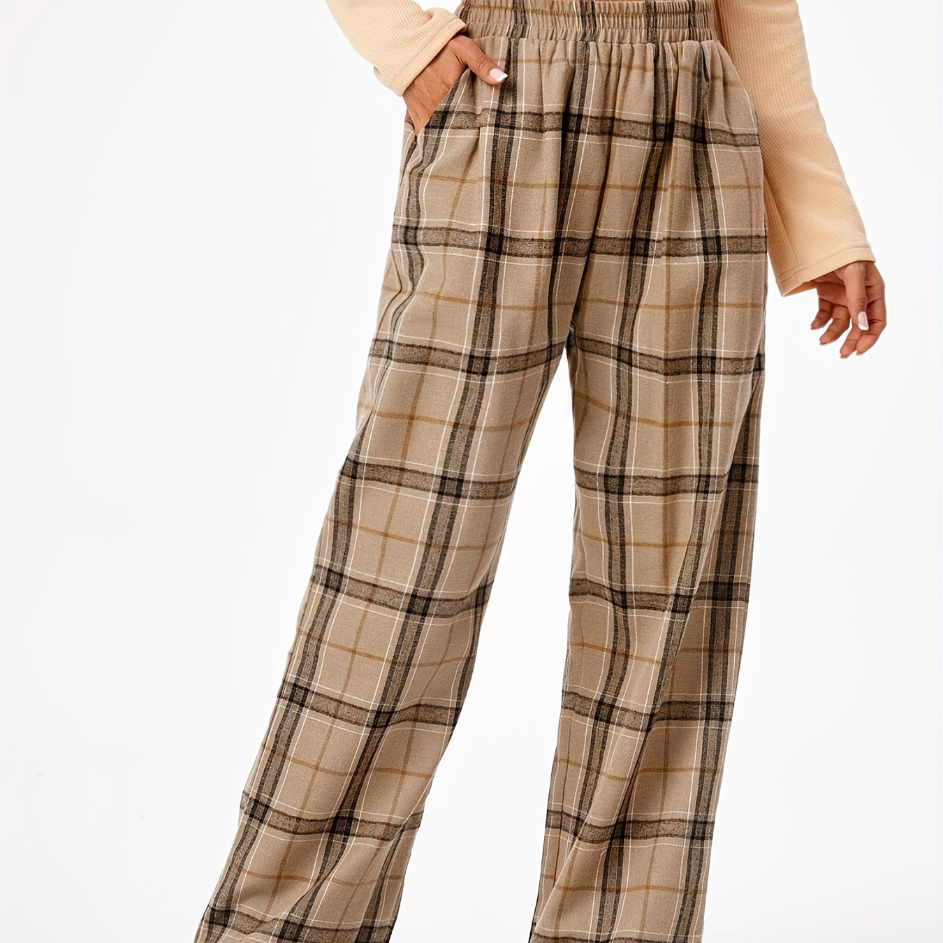 Plus Size Casual Pants Women's Plus Plaid Print Elastic High - Temu Canada