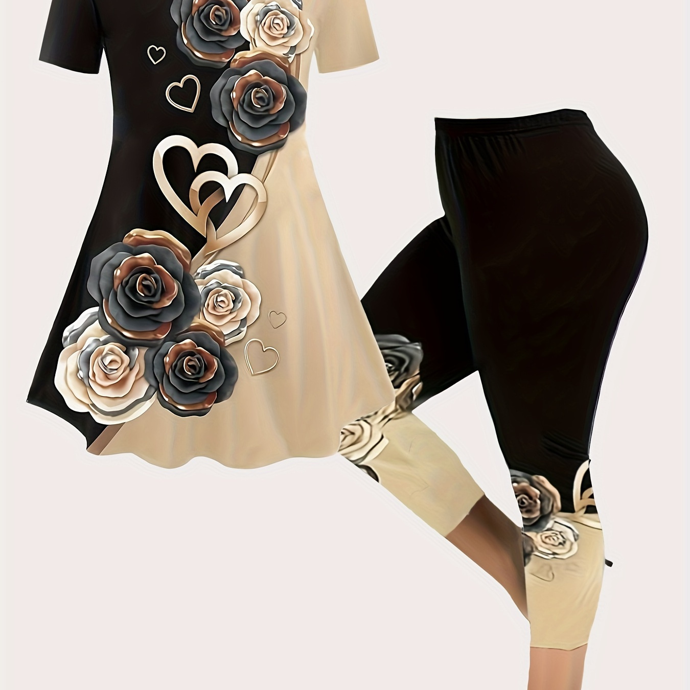 

Casual Heart & Rose Print Two-piece, Crew Neck Short Sleeve Peplum T-shirt & Skinny Leggings, Women's Clothing