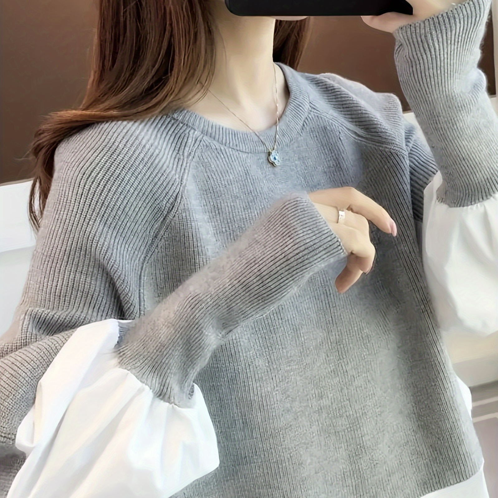 

2024 Autumn New Women's Sweater Patchwork Shirt Fake Two-piece Set Fashion Knitted Top