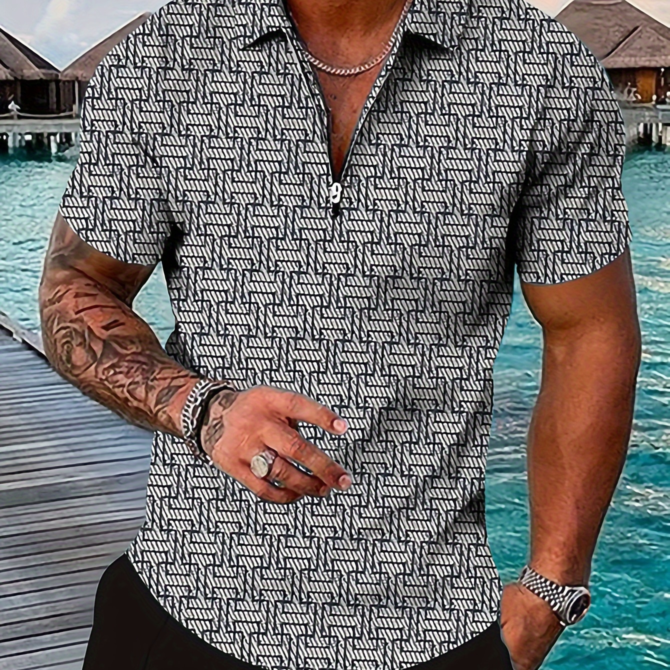 

Men's Geometric Pattern Design Quarter Zip Golf Shirt, Short Sleeve Regular Fit Shirts, Men's Summer Clothing