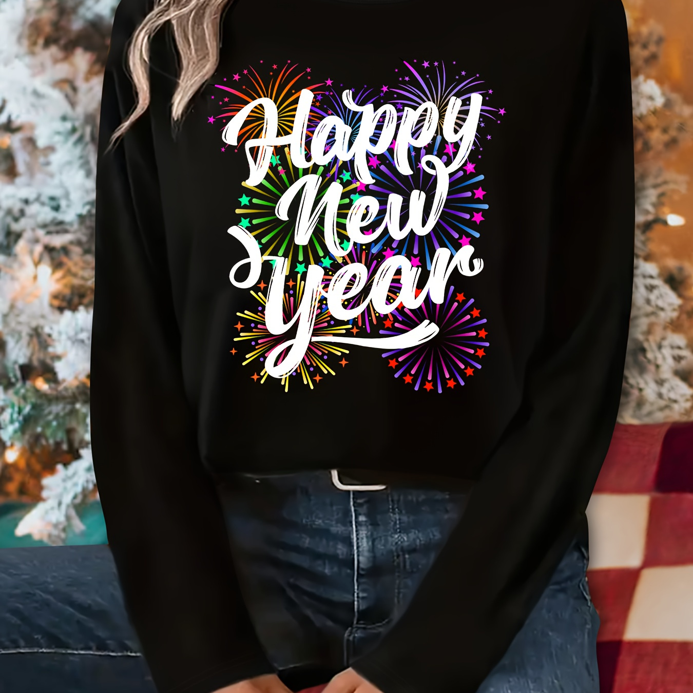 

Happy New Year Fireworks Fashion Soft Long Sleeve T-shirt - Casual Polyester Crew Neck Top, Machine Washable, Style, All//all