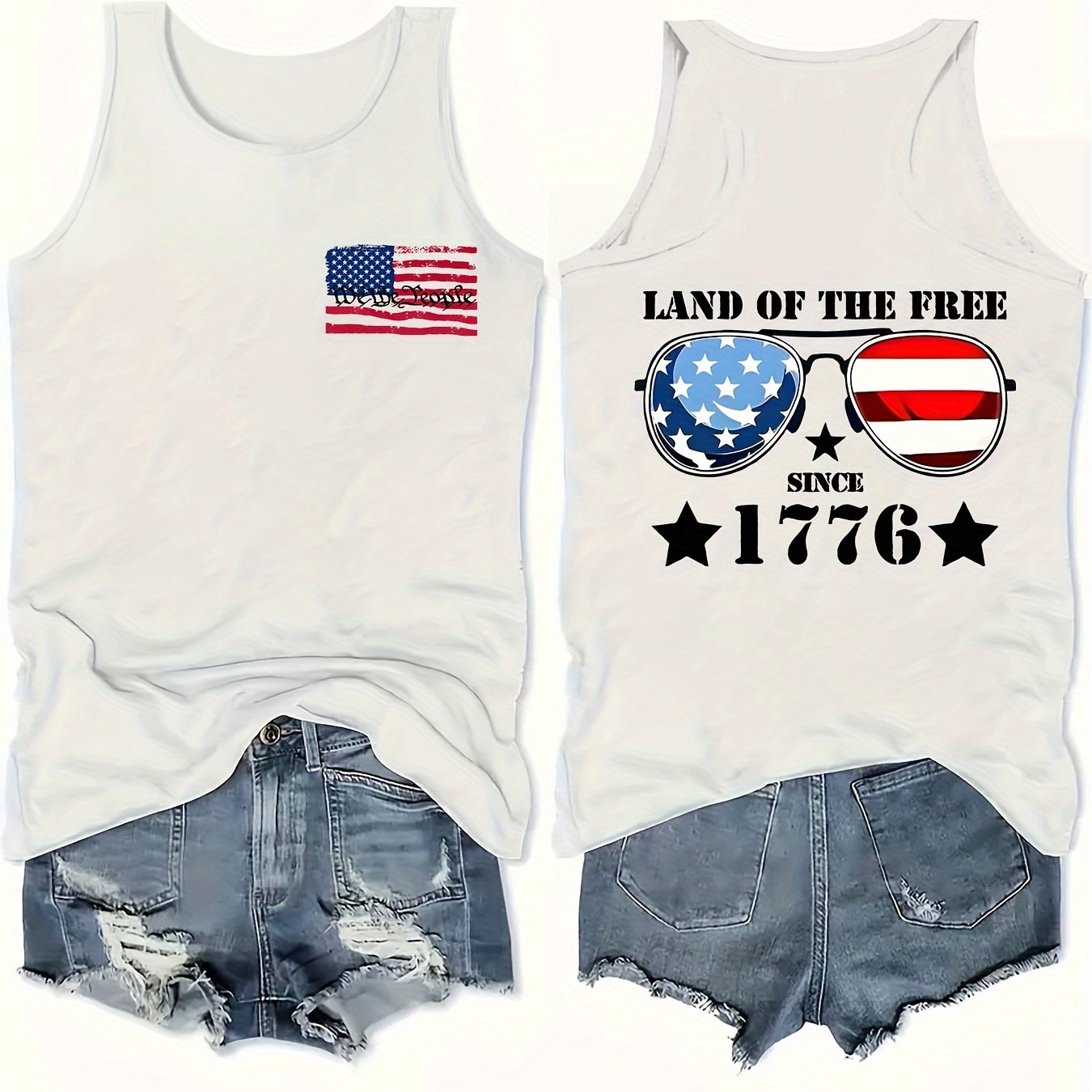 

American Flag Print Tank Top, Sleeveless Casual Top For Summer & Spring, Women's Clothing