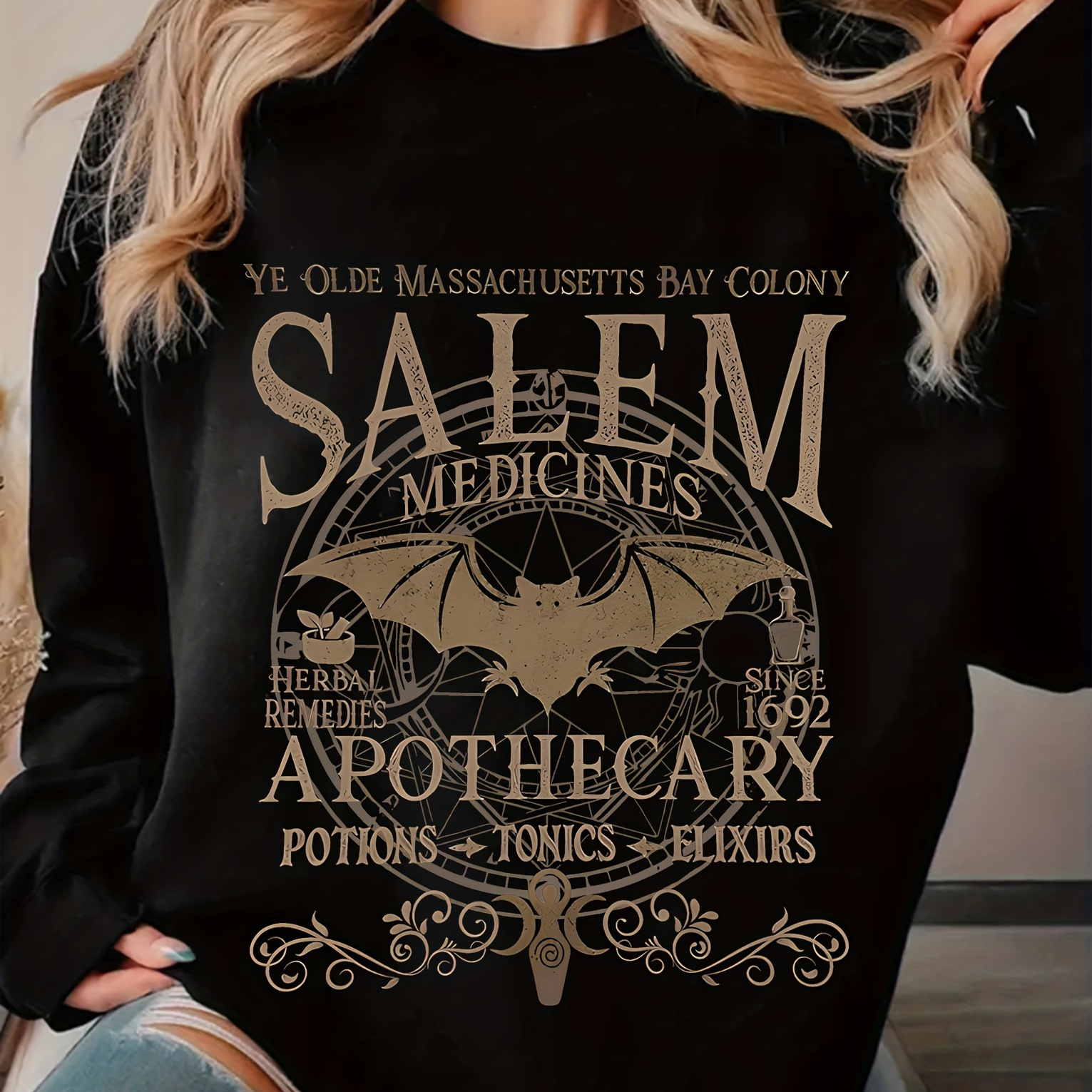 

Women's Casual Crew Neck Sweatshirt - 100% Polyester Knit Fabric, Salem Apothecary Graphic Print, Long Sleeve Pullover For Fall/winter