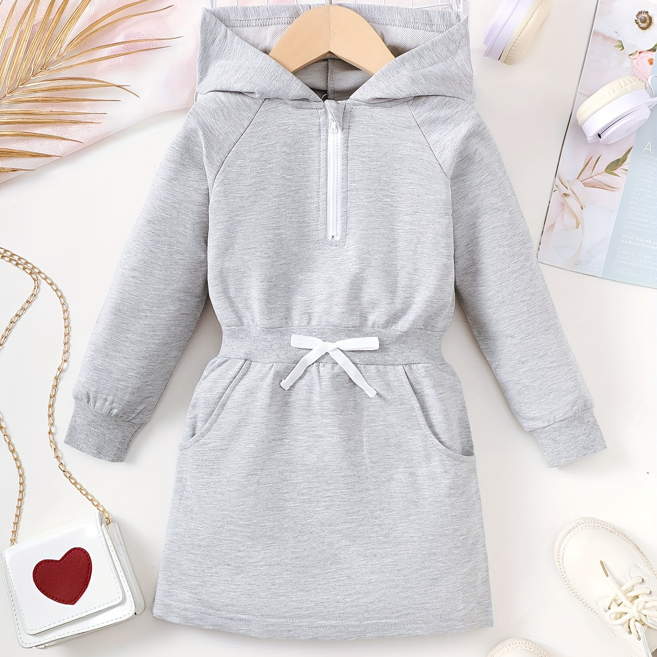 

Girls Solid Trendy Hoodie Dress With Elastic Waist & Pockets, Kids Clothes For Everyday Outfit