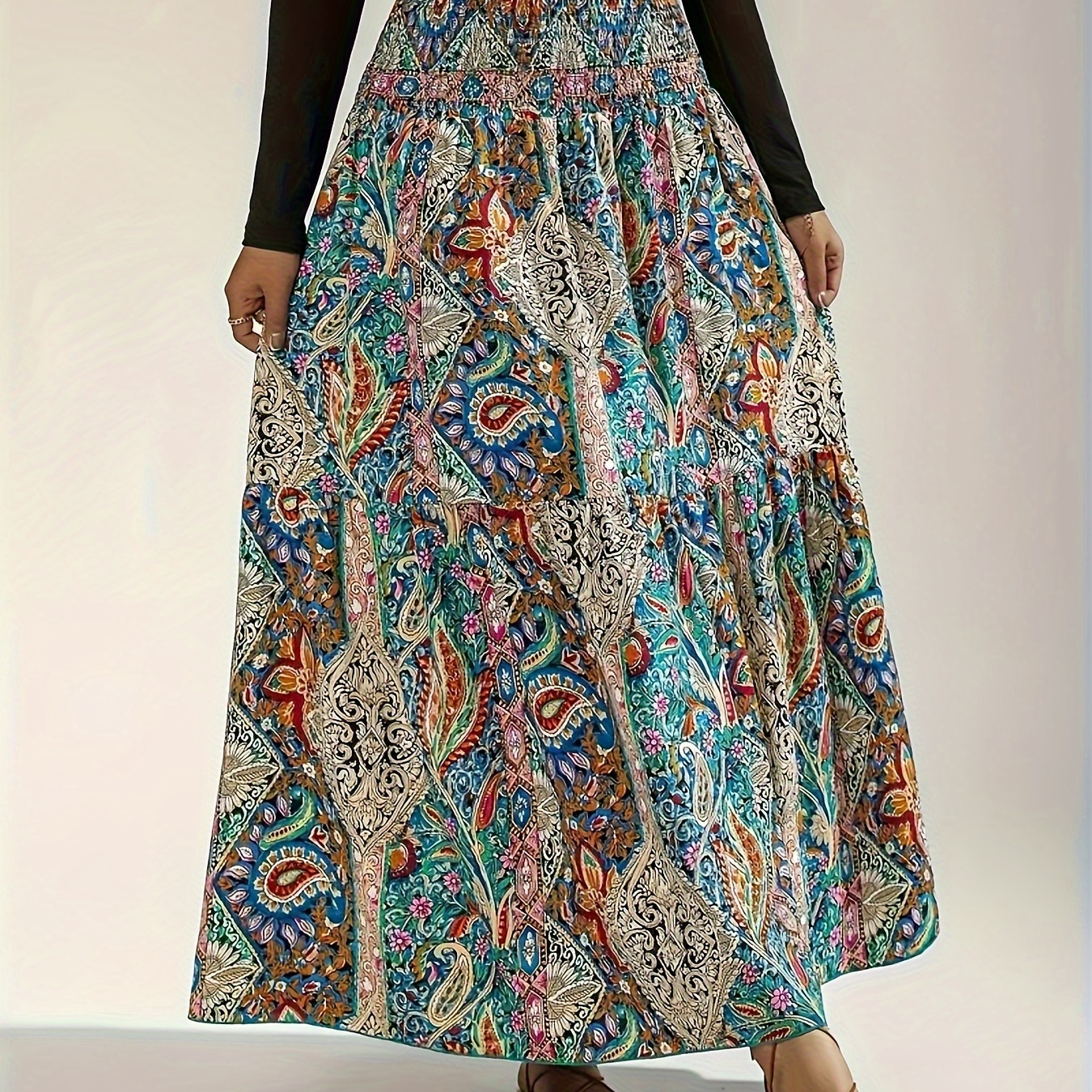 

Paisley Print Shirred Waist Elegant Maxi Skirt - 100% Polyester Woven Fabric, Long Flowy Skirt For Spring/summer/fall, Style With Motif