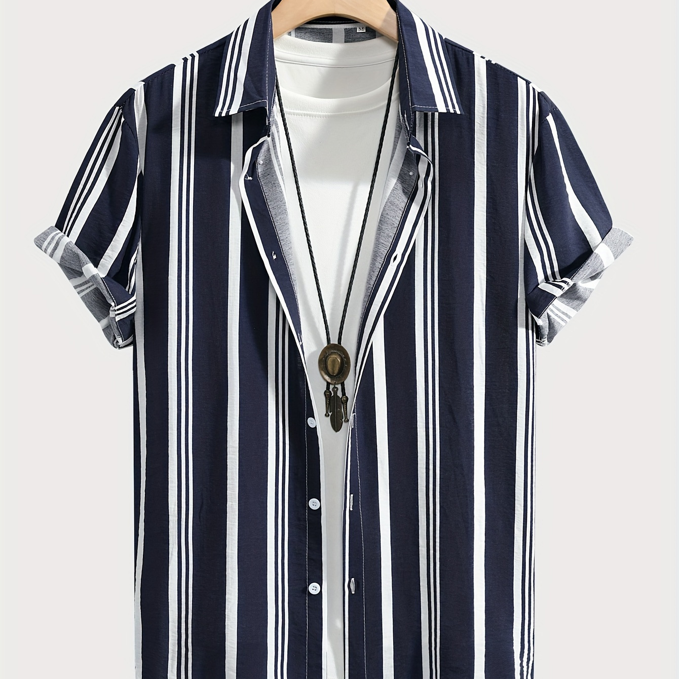 

Men's Stripe Pattern Print Lapel Shirt With Short Sleeve And Button Down Placket, Classic And Trendy Tops For Summer Leisurewear