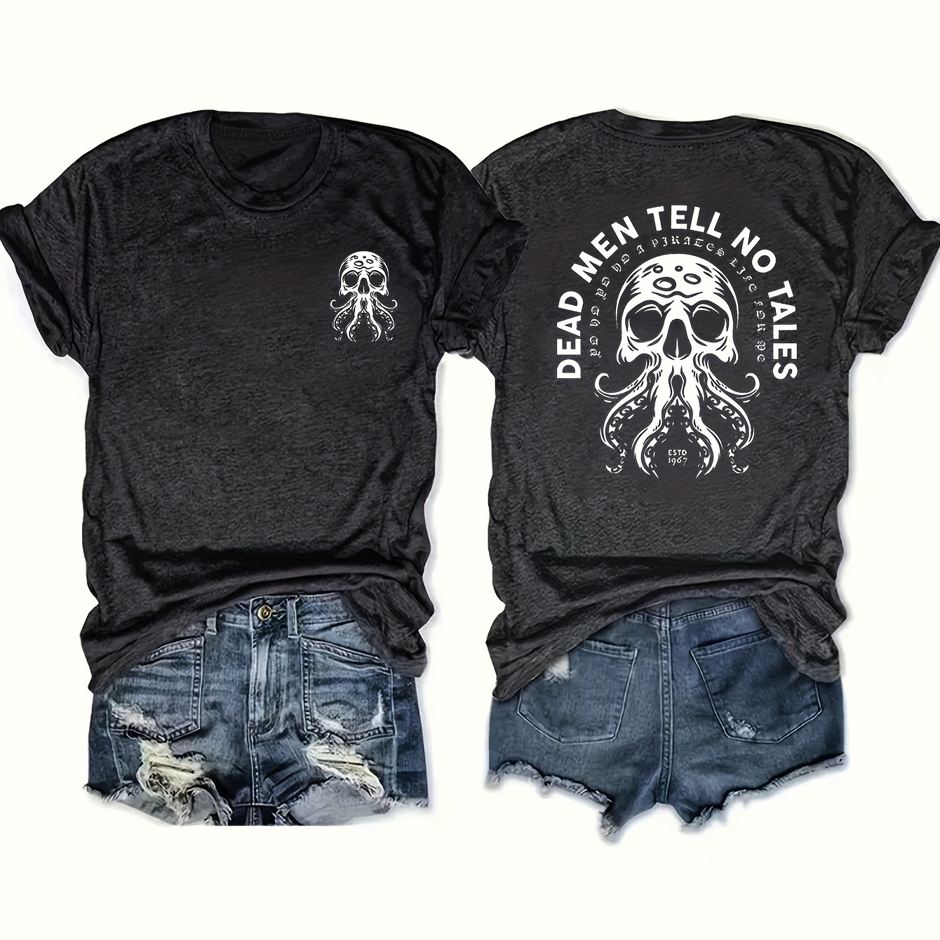 

Skull & Letter Print T-shirt, Casual Short Sleeve Crew Neck Top For Spring & Summer, Women's Clothing