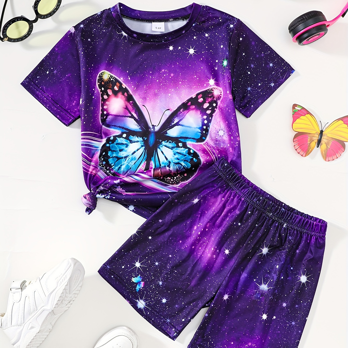 

2pcs Starry Sky Design Butterfly Print Outfits Dreamy Sets For Summer Gift Outdoor