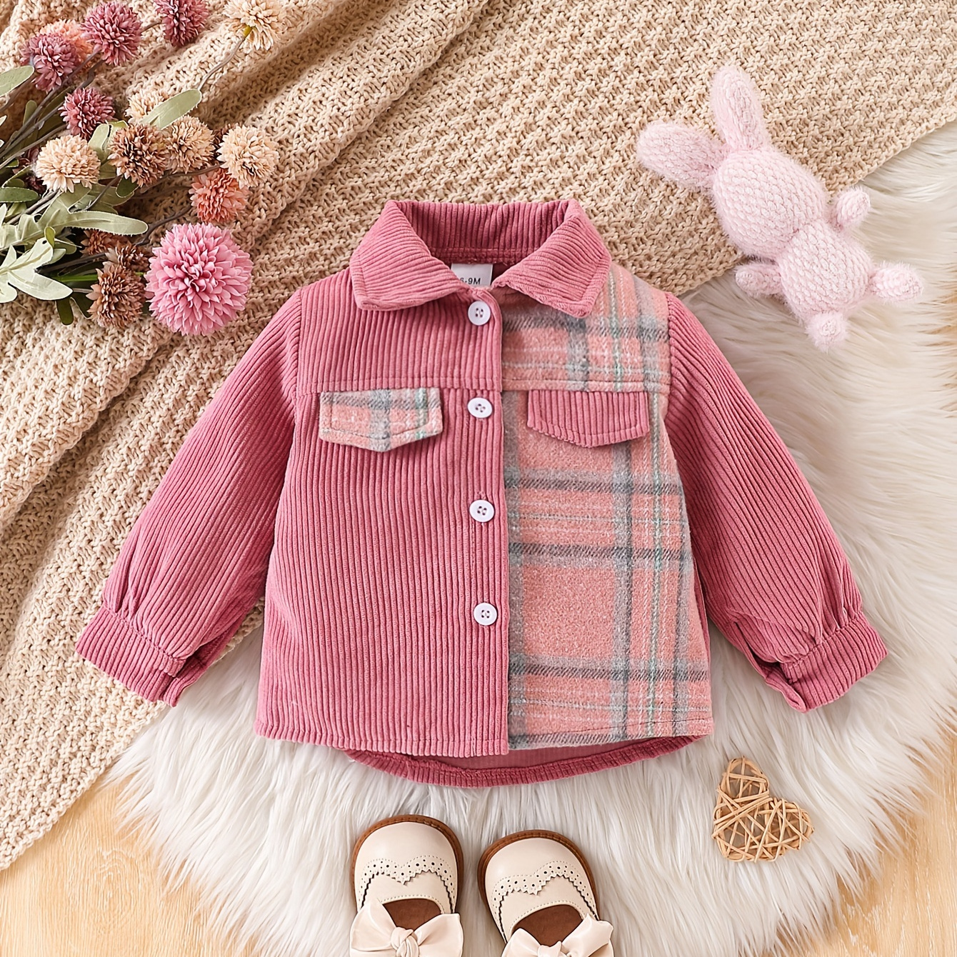 

Baby's Trendy Plaid Pattern Splicing Corduroy Shirt, Casual Button Up Long Sleeve Blouse, Toddler & Infant's Top For Fall Winter