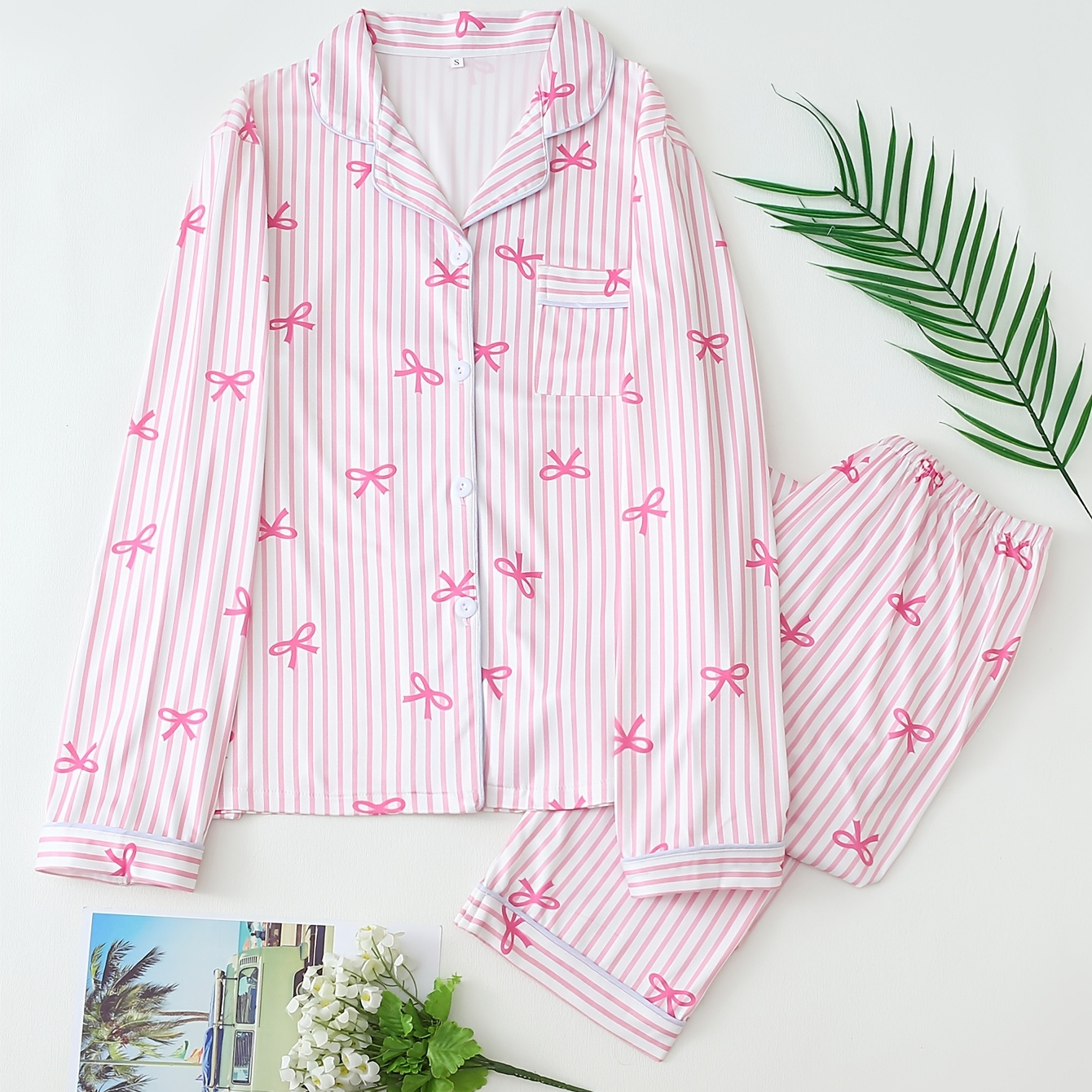 

Women's Striped Bow Print Long Sleeve Pajama Set, Casual Lapel Collar Knit Polyester 95% Elastane 5% Sleepwear, 150gsm Fabric Weight