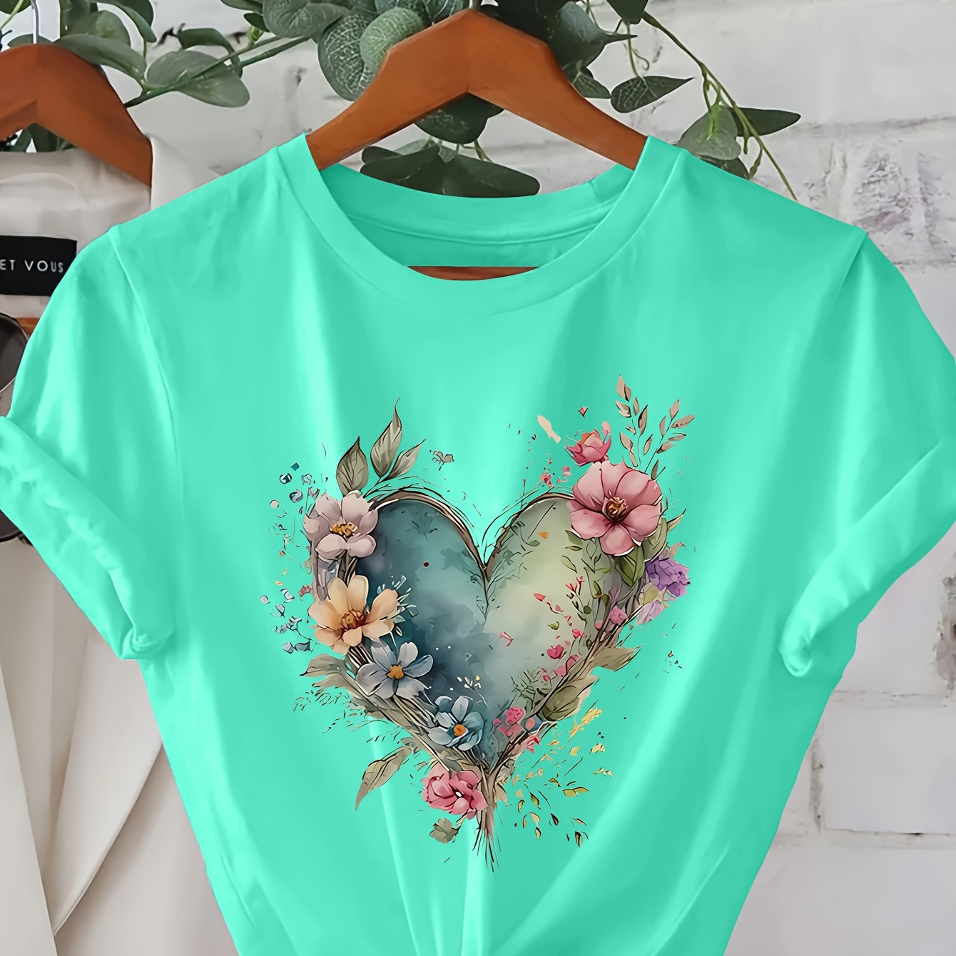 

Heart Neck T-shirt, Casual Short Sleeve T-shirt For , Women's Clothing