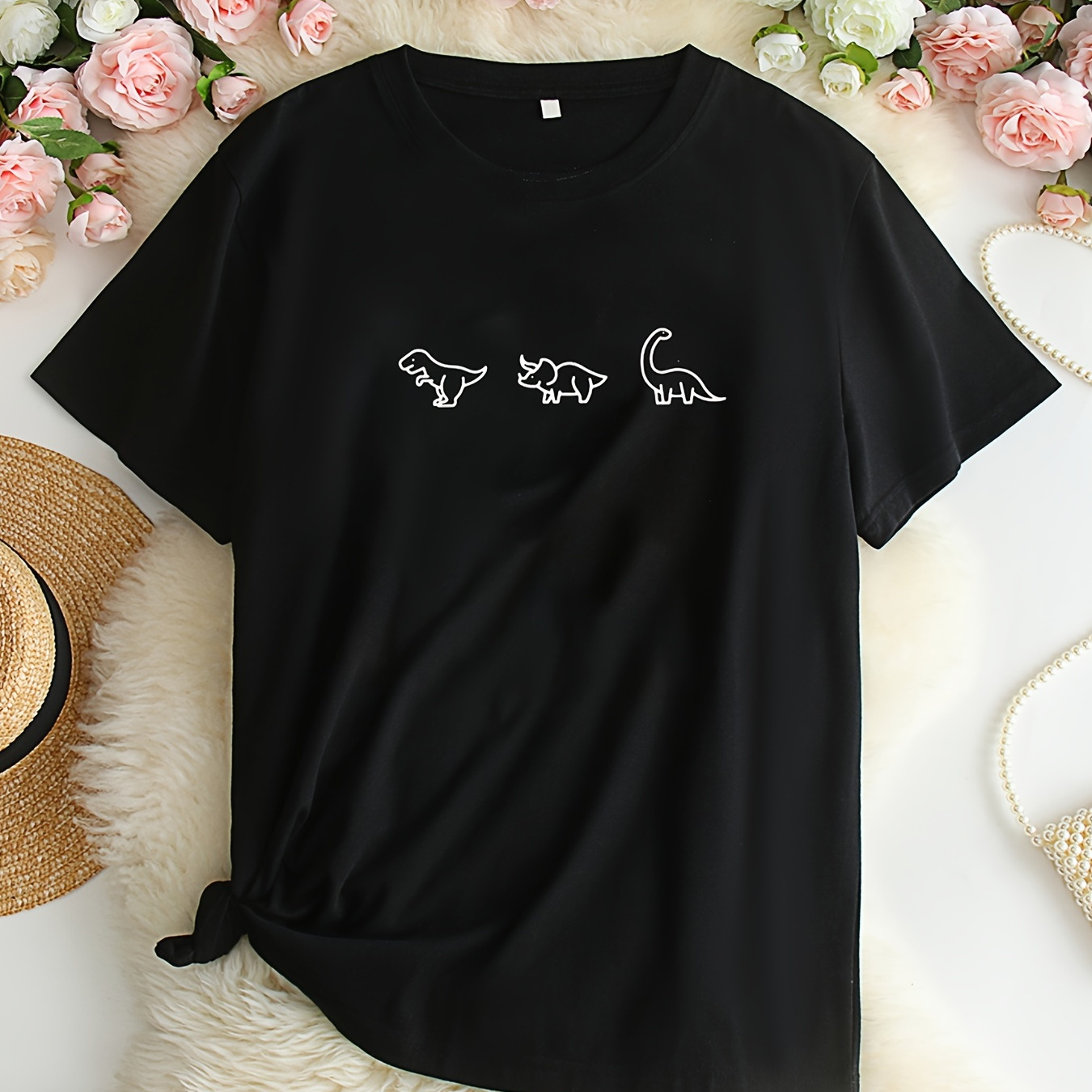 

Plus Size Casual T-shirt, Women's Plus Dinosaur Print Round Neck Short Sleeve Slight Stretch T-shirt