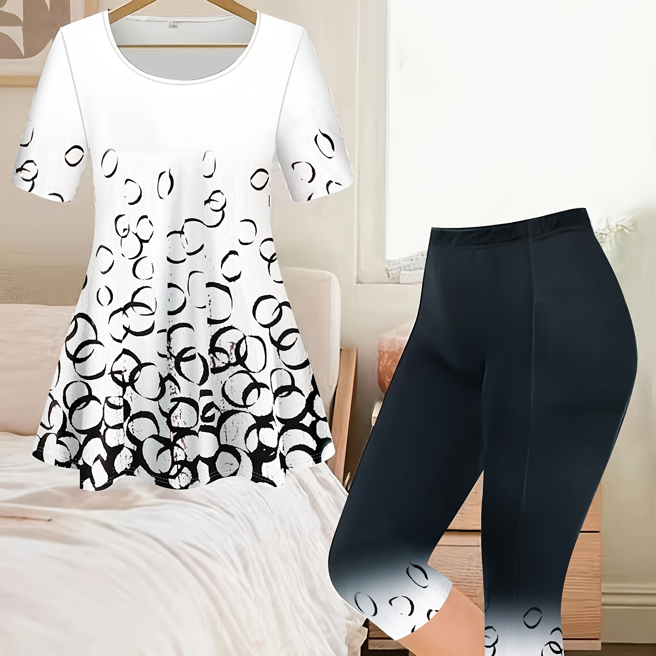 

Casual Print Two-piece, Crew Neck Short Sleeve Peplum T-shirt & Skinny Capris Leggings, Women's Clothing