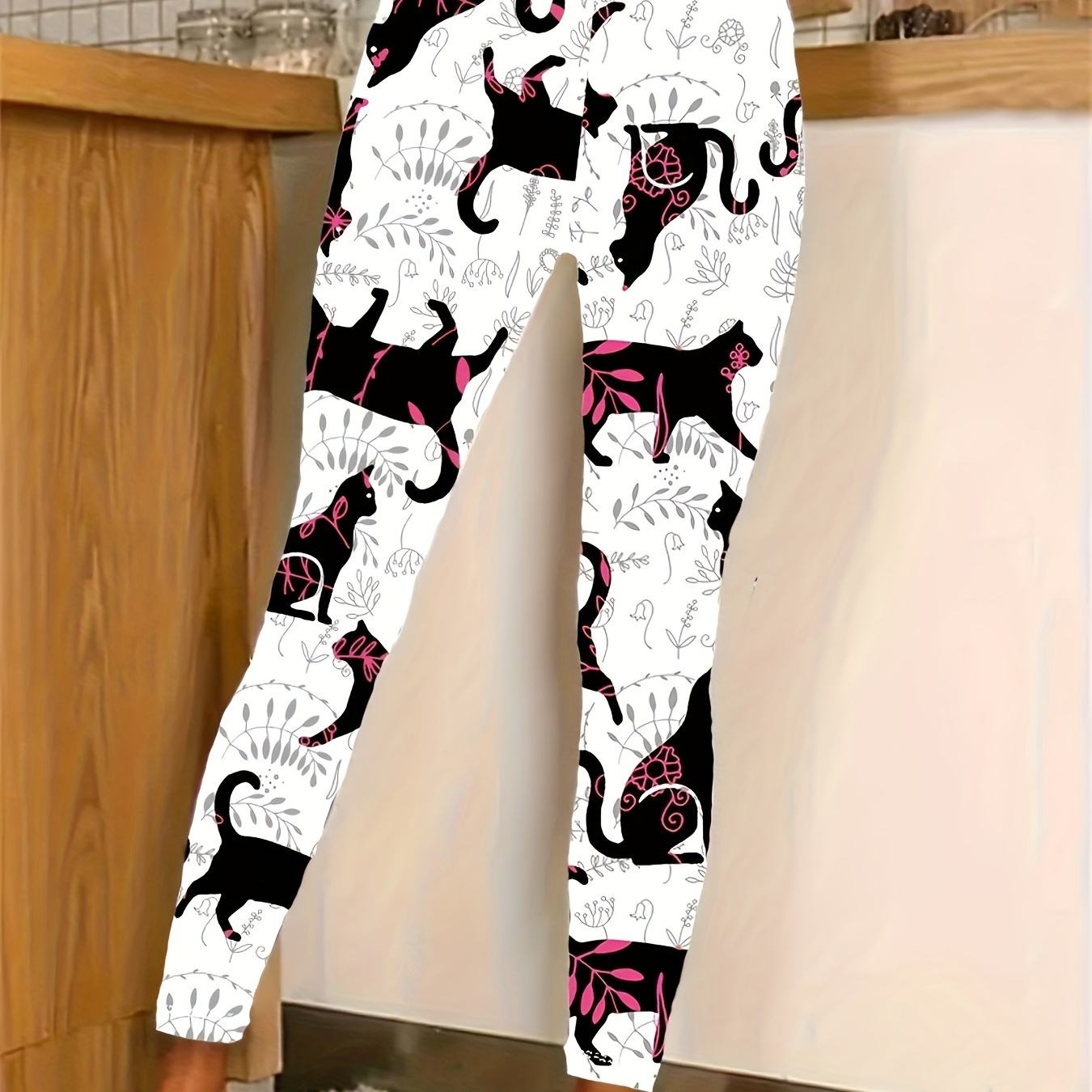 

Plus Size Cat Print Skinny Leggings, Casual Every Day High Waist Stretchy Leggings, Women's Plus Size Clothing