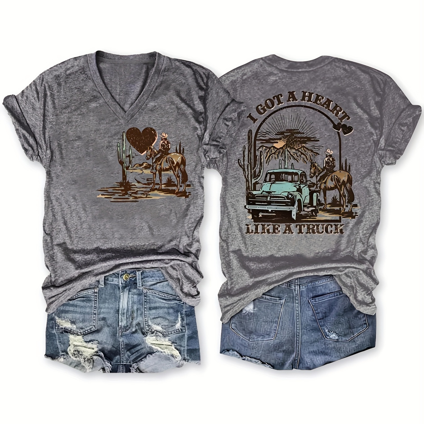 

Cowgirl Print T-shirt, Casual V Neck Short Sleeve Top For Spring & Summer, Women's Clothing