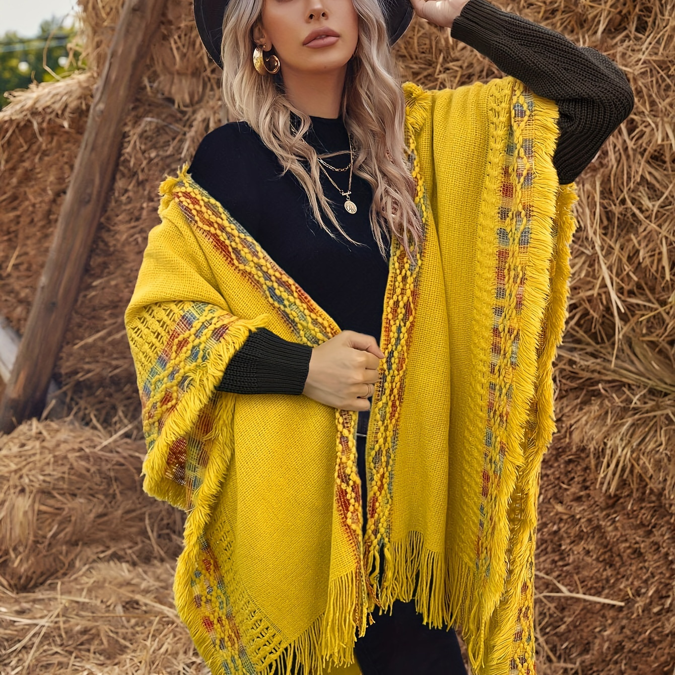 

Elegant Yellow Tassel Cape - Cozy Knit Hooded Shawl For Women, High Stretch , Fall/winter