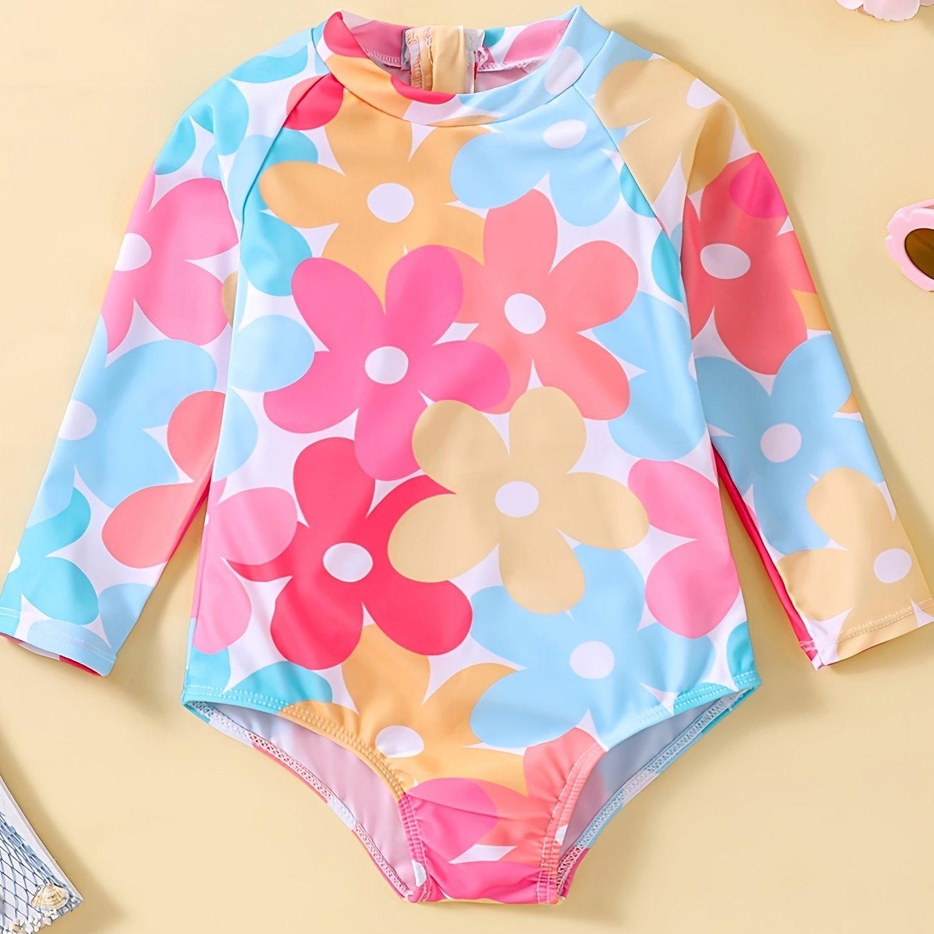 

Cute Toddler Girls Flower Graphic Half Zip Long Sleeve 1-piece Swimwear For Summer Beach