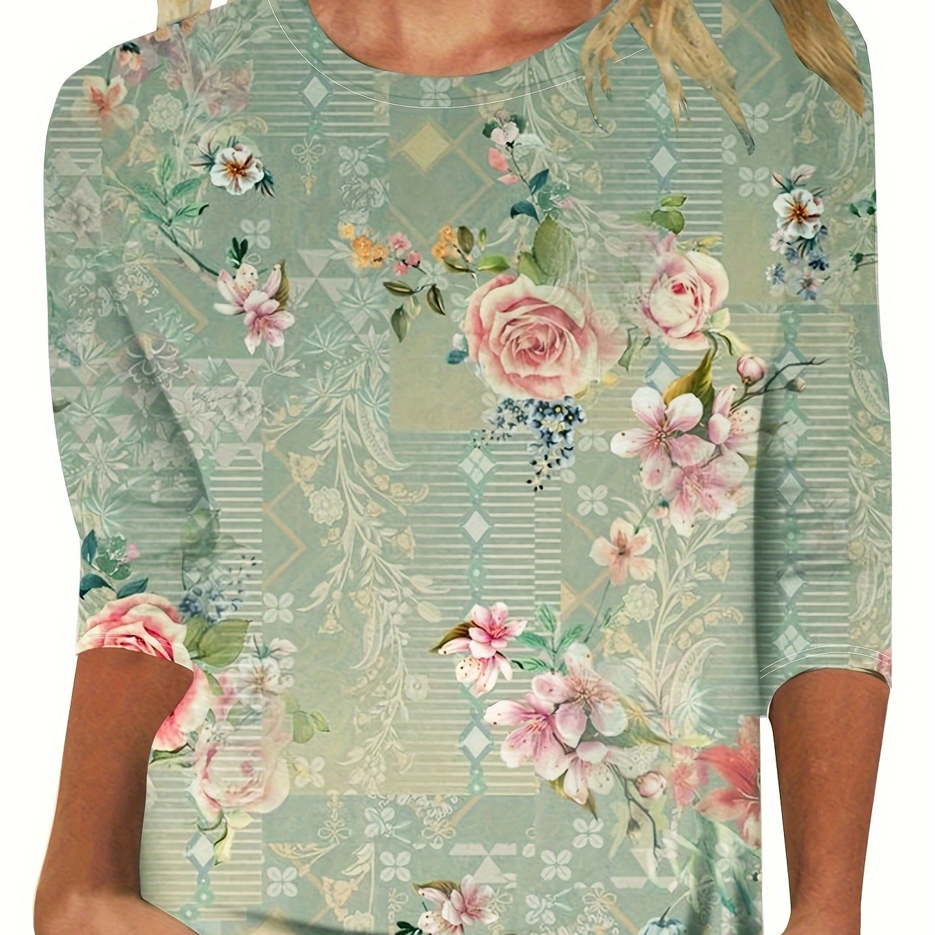 

Floral Print Crew Neck T-shirt, Casual 3/4 Sleeve Daily Top, Women's Clothing