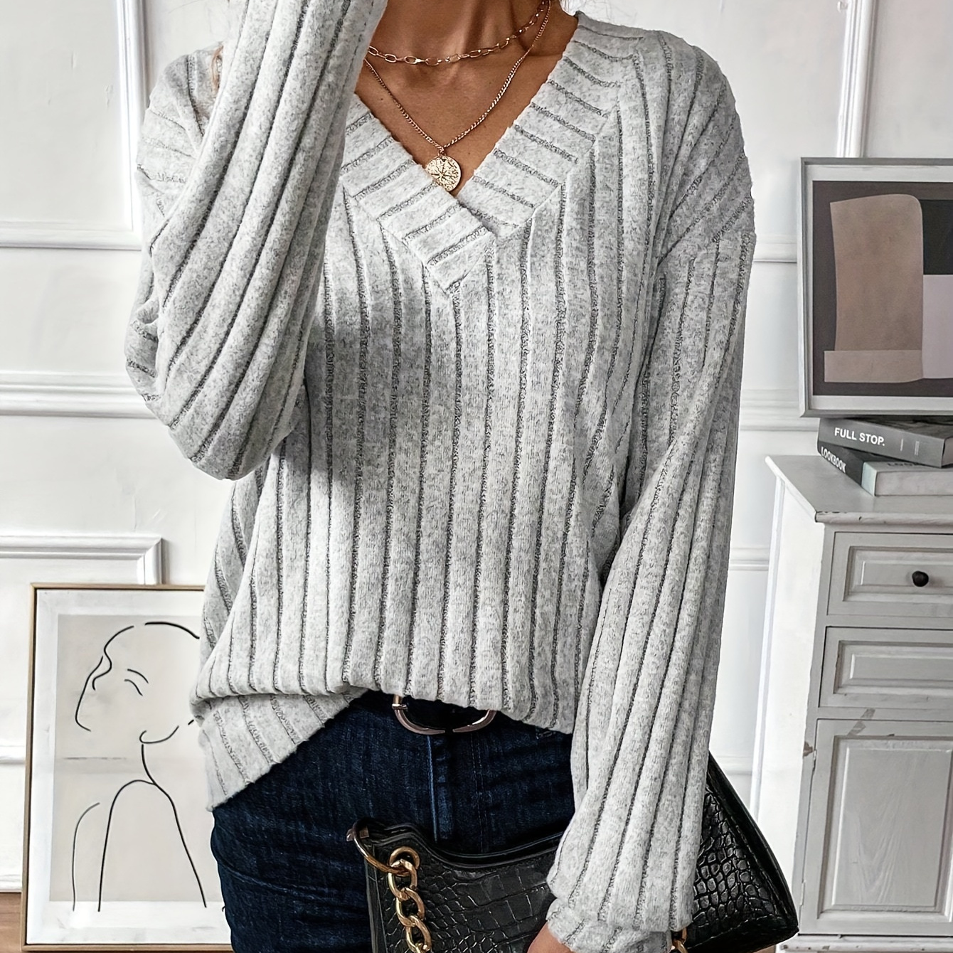 

V Ribbed T-, Long Top For & Fall, Women's Clothing