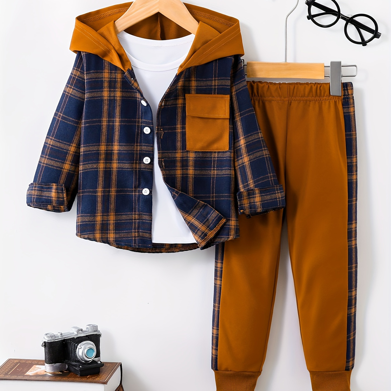 

Boy's 2-piece Casual Co Ord Set, Long Sleeve Retro Style Palid Hoodie With Pocket And Jogger Pants, Comfy Spring Fall Clothes