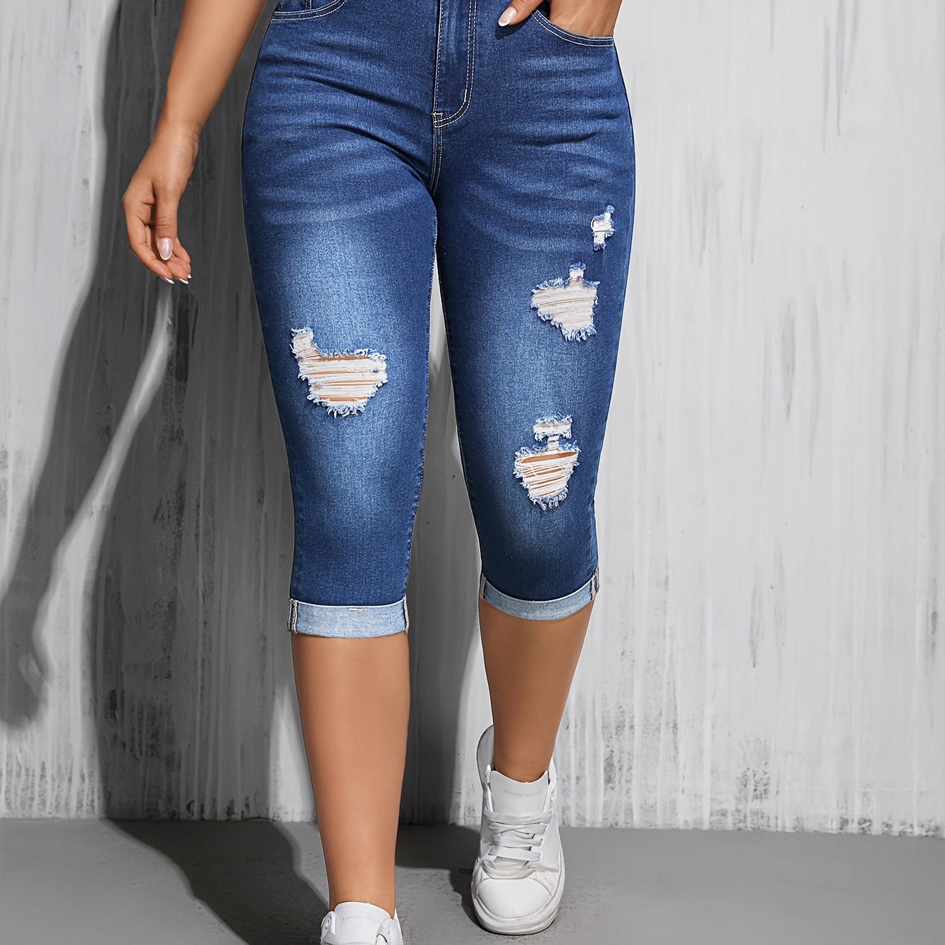 

Women's Capri Denim Jeans, Stretchable Mid-rise, Capri Length, Ripped Vintage Style With Cuffed Hem, Casual Summer Wear