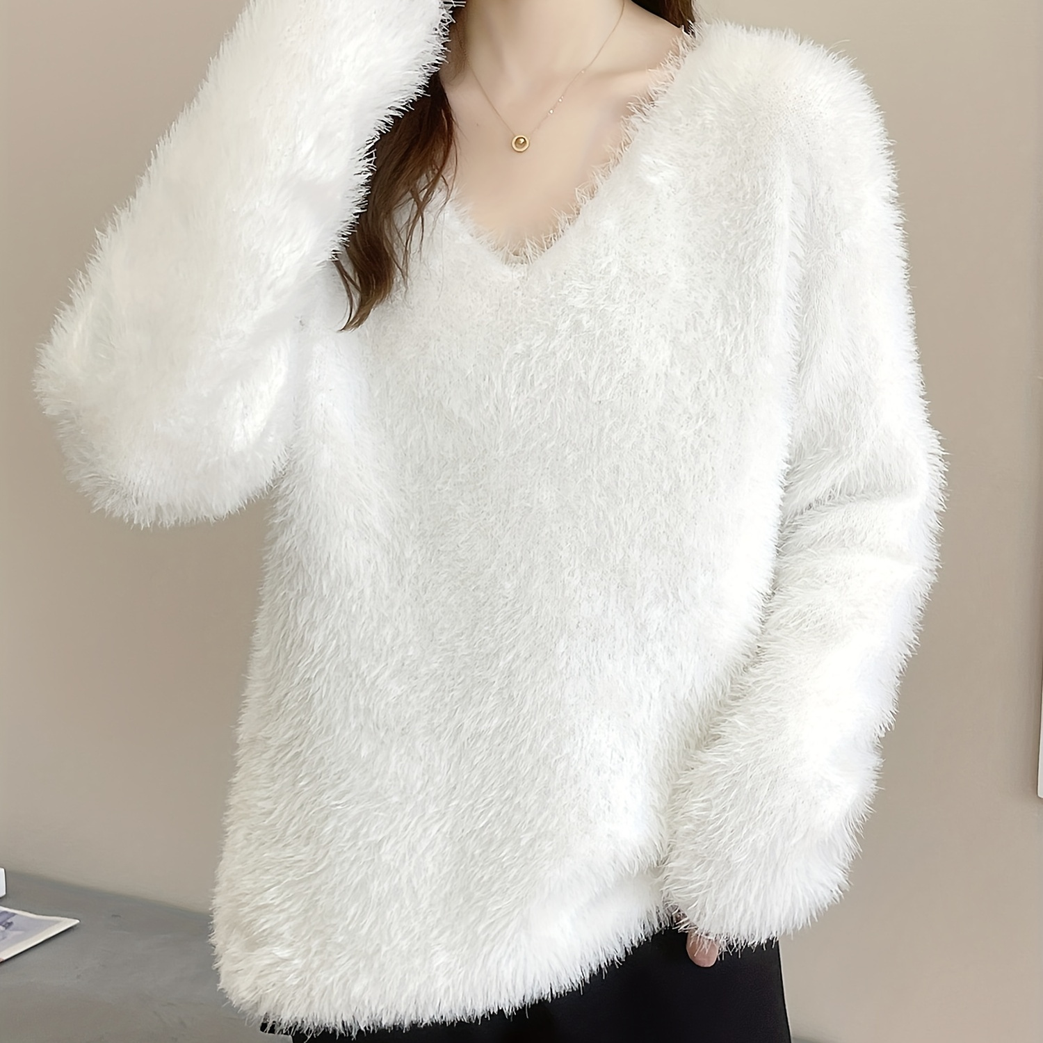 

Solid V Neck Fleece Sweater, Elegant Long Sleeve Sweater For Fall & Winter, Women's Clothing