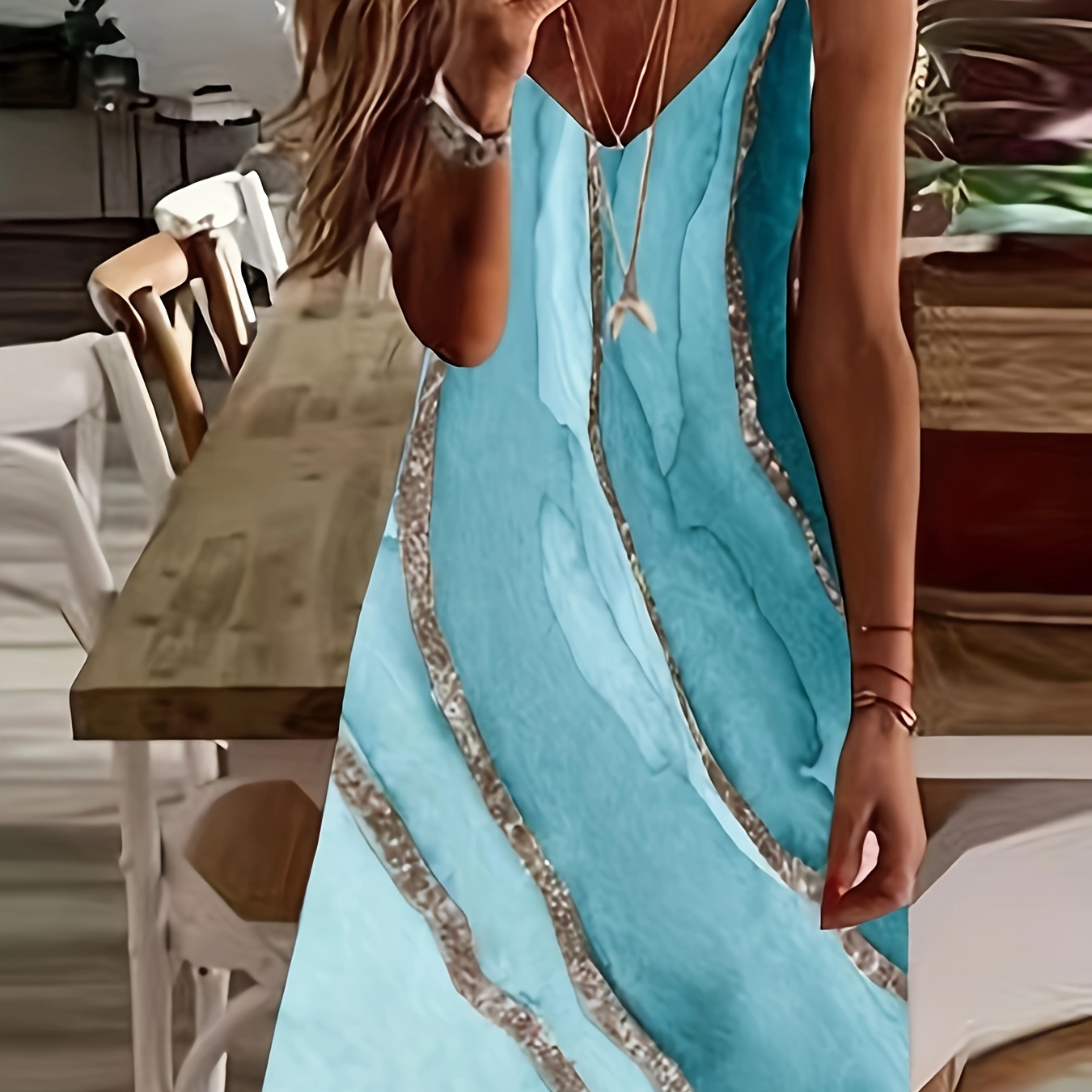 

Allover Print Spaghetti Strap Dress, Elegant Knee Length Cami Dress, Women's Clothing