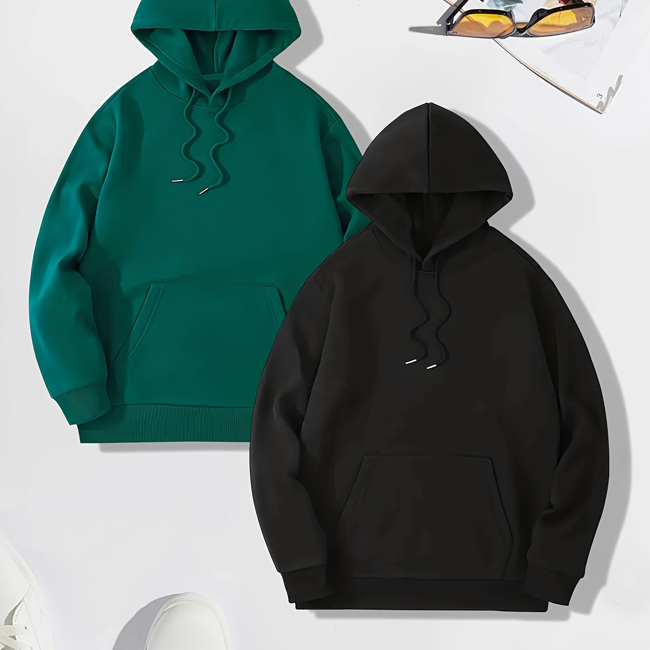 

2pcs Hoodies Set For Men, Men's Casual Solid Basic Hooded Sweatshirt Streetwear For Winter Fall, As Gifts