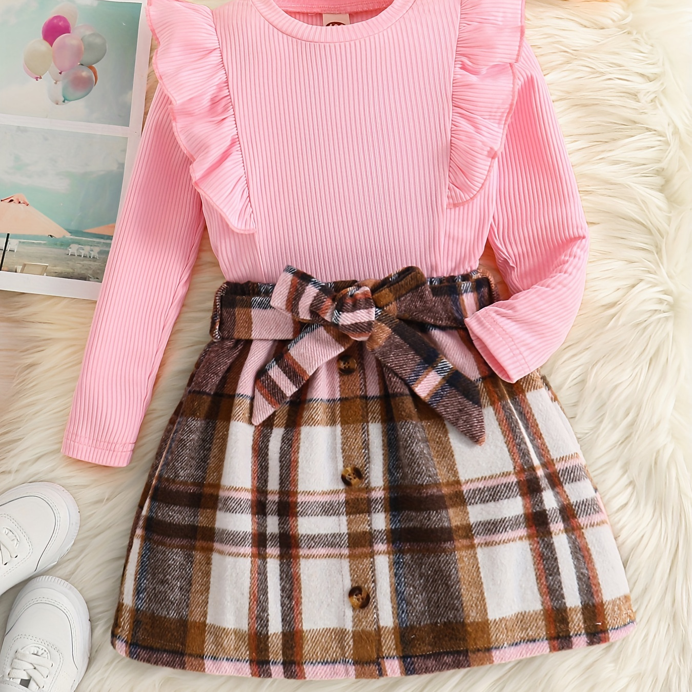 

Toddler Girl's Casual Outfit 2pcs, Ribbed Top & Belted Plaid Skirt Set, Kid's Clothes For Spring Autumn