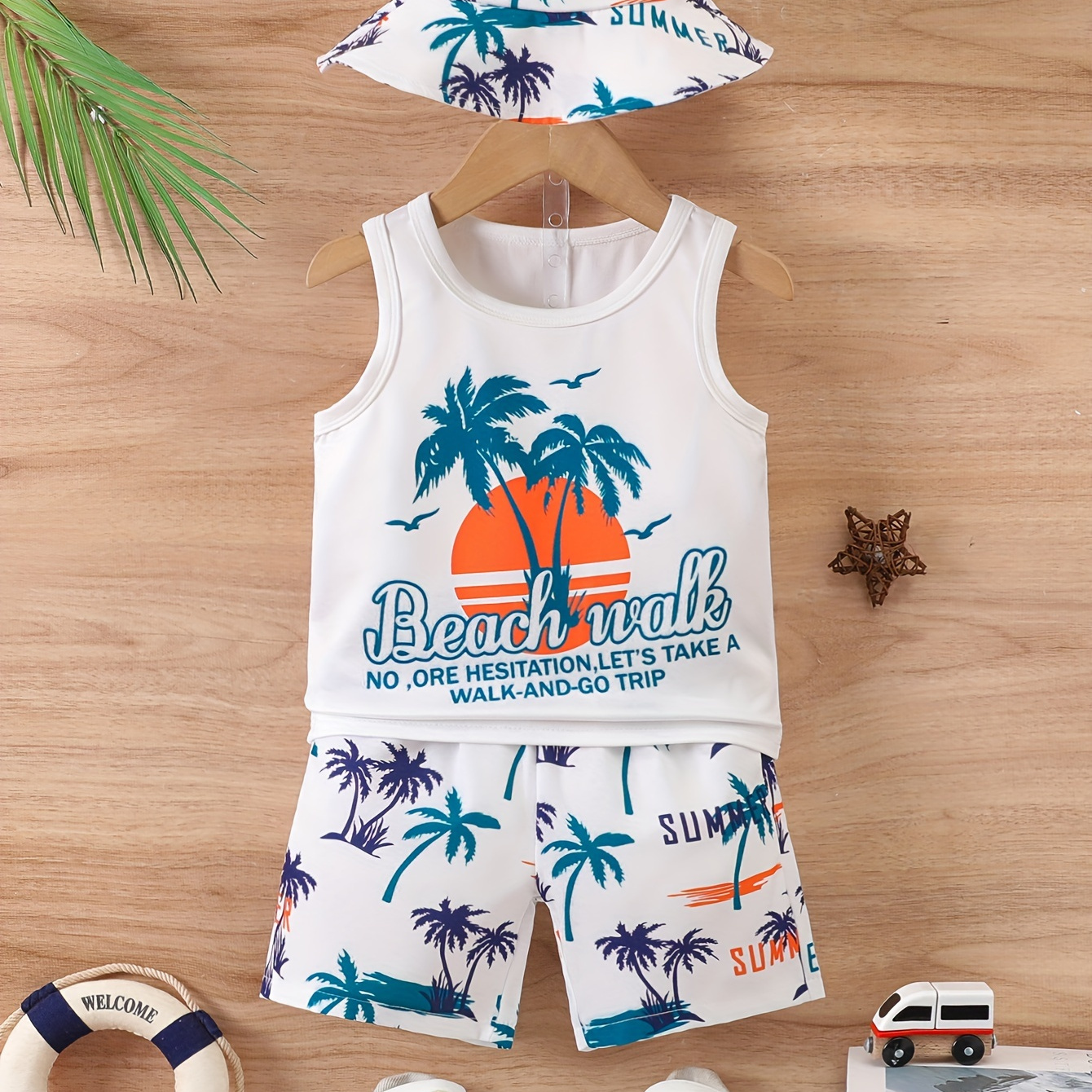 

Baby Boys 3pcs Outfit, Palm Tree Pattern Vest & Shorts & Hat Set, Toddlers Summer Holiday Beach Wear