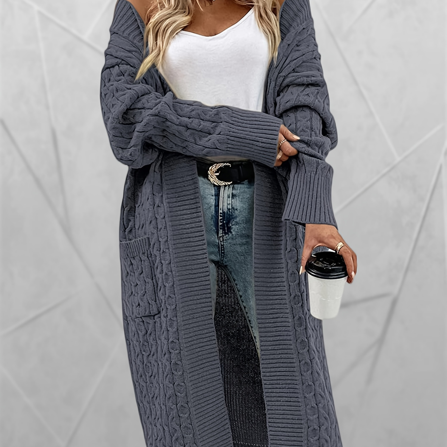 

Womens Long Cardigan Cable Knit Open Front Long Sleeve Sweater Coats With Pockets