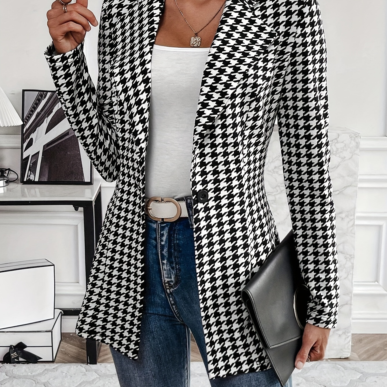 

Houndstooth Print Button Front Blazer, Casual Lapel Long Sleeve Every Day Blazer, Women's Clothing