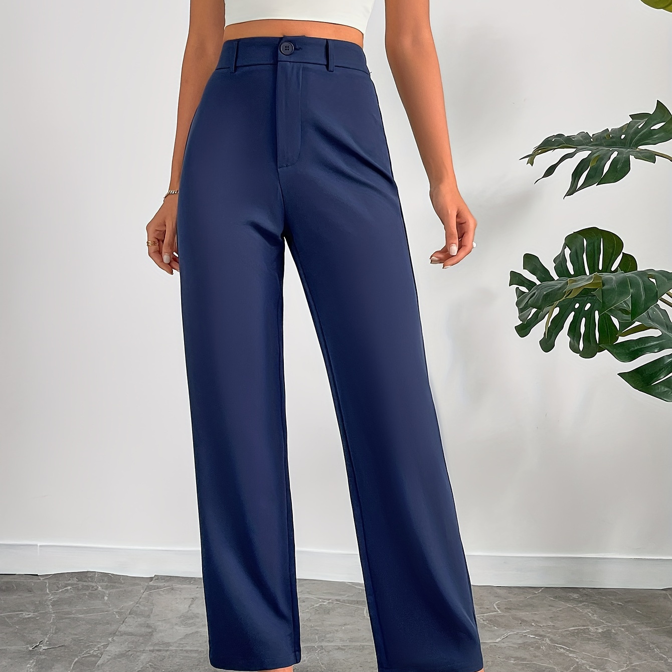 

Pantalon droit taille haute pour femme - Pantalon décontracté en polyester de couleur unie avec fermeture éclair sur le devant, tissu tissé toutes