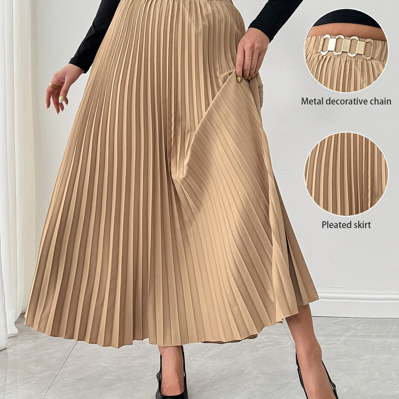 

Elegant Pleated Long Skirt For Women, Polyester Blend With Spandex, Solid Color, Loose Fit, Woven Fabric, With Metallic Chain Detail, For Spring/summer/fall