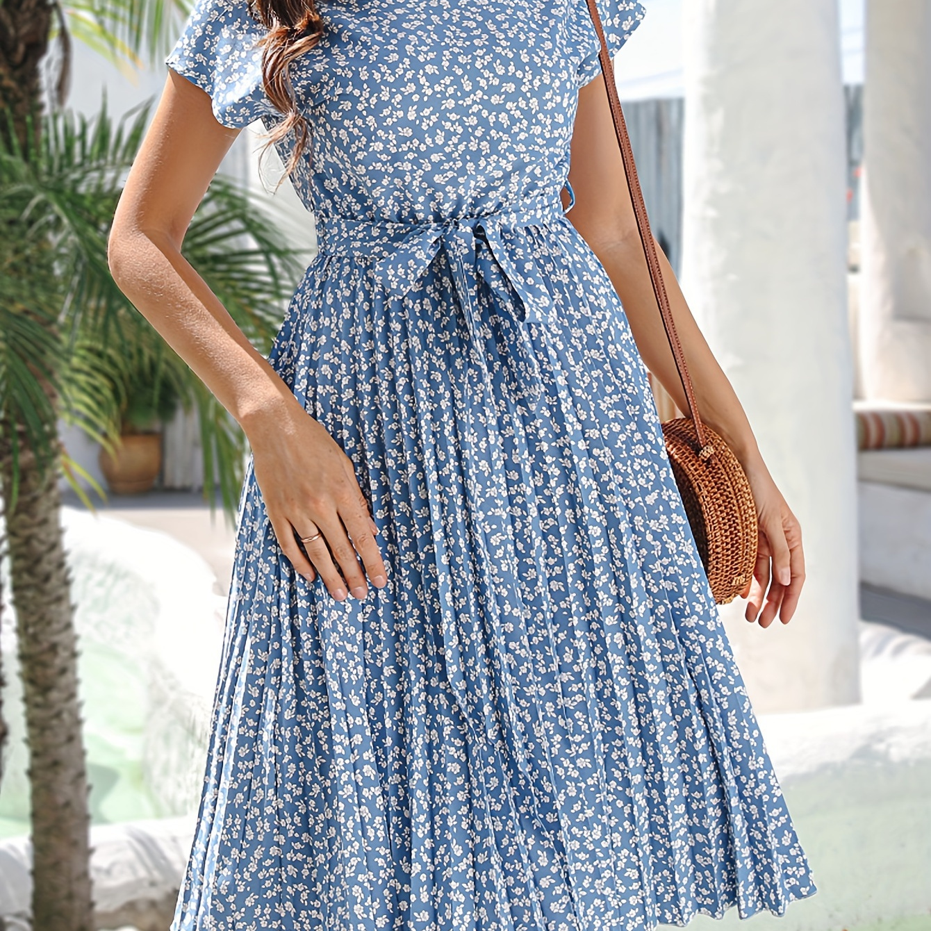 

Ditsy Floral Print Belted Dress, Short Sleeve Casual Every Day Vacation Dress For Spring & Summer, Women's Clothing