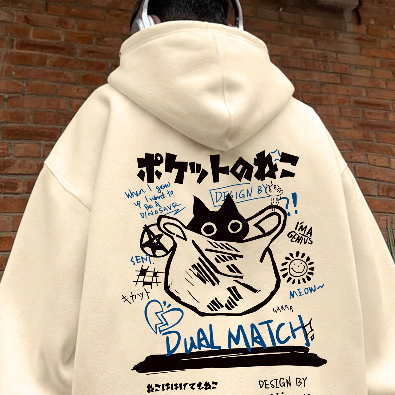 Minimalist Cat Print Hoodie - Drawstring Pockets, Dropped Shoulders, Long Sleeves for Men's Autumn Winter Back-To-School Streetwear