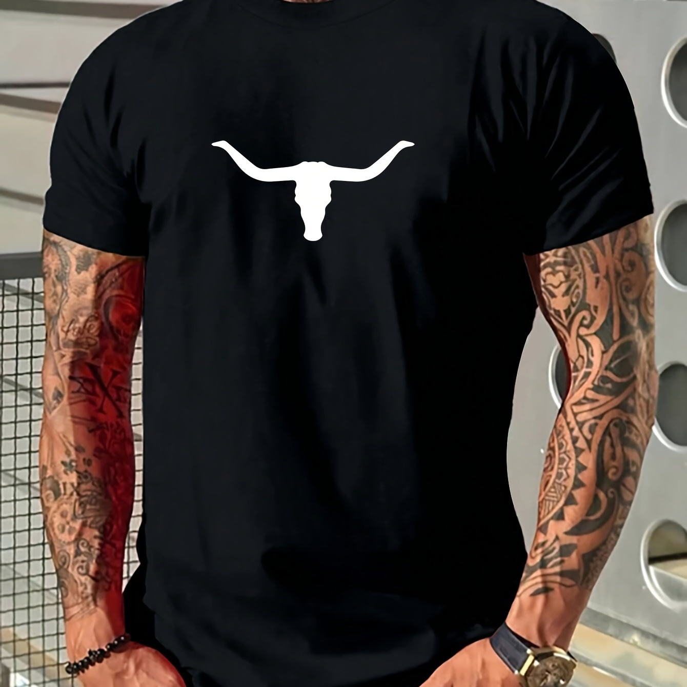 

Cow Graphic Print T-shirt Men's Casual Style Summer And Autumn Slightly Elastic Round Neck T-shirt