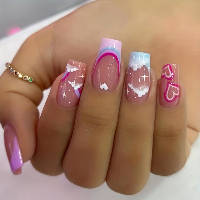 

24pcs Summer Pink Press On Nails, Short Square Fake Nails With Cute Heart Cloud And Rainbow Design, Glossy Full Cover False Nails For Women And Girls