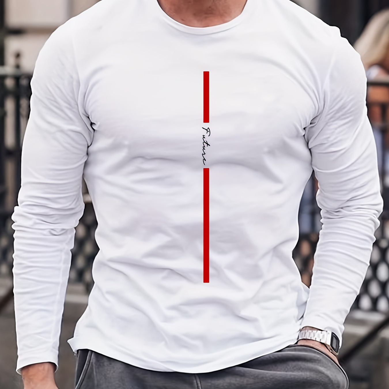 

Fashion Letter & Red Print Men's Casual Comfy Long Sleeve T-shirt, Men's Graphic Clothes For Autumn, Tops For Men, Gift For Men