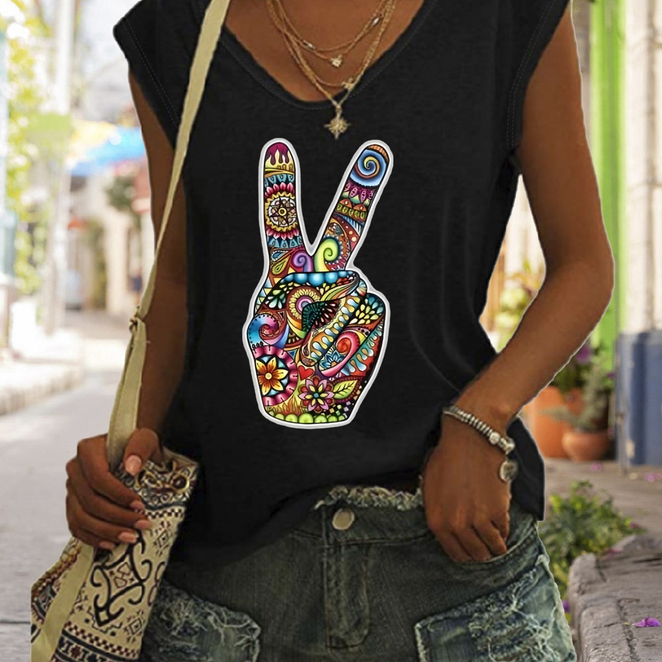 

Hippies Gesture Print Tank Top, Cap Sleeve Casual Top For Summer & Spring, Women's Clothing