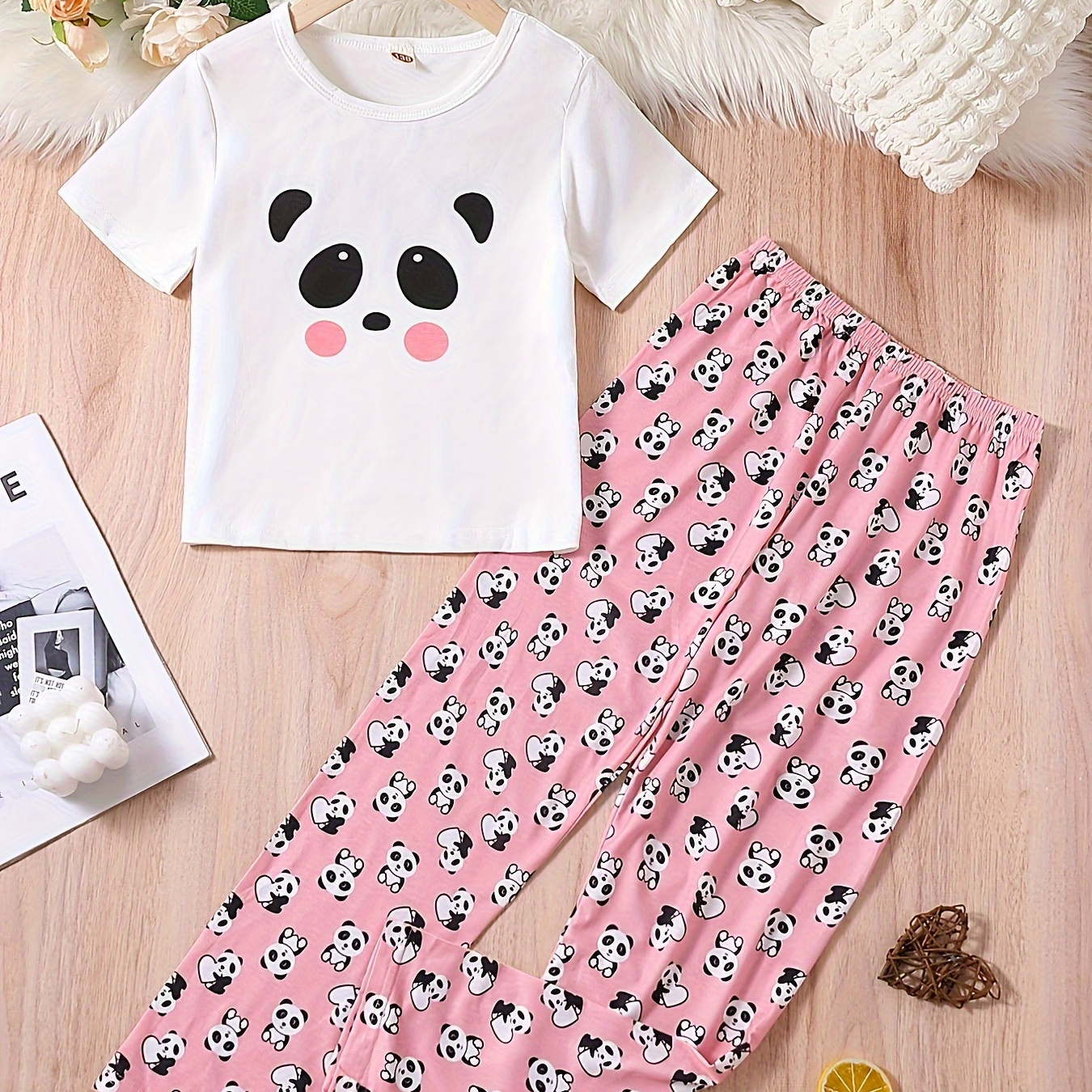 

Girls 2-piece Trendy Pajama Sets Cartoon Panda Pattern Round Neck Short Sleeve Top & Matching Pants Casual Pj Sets