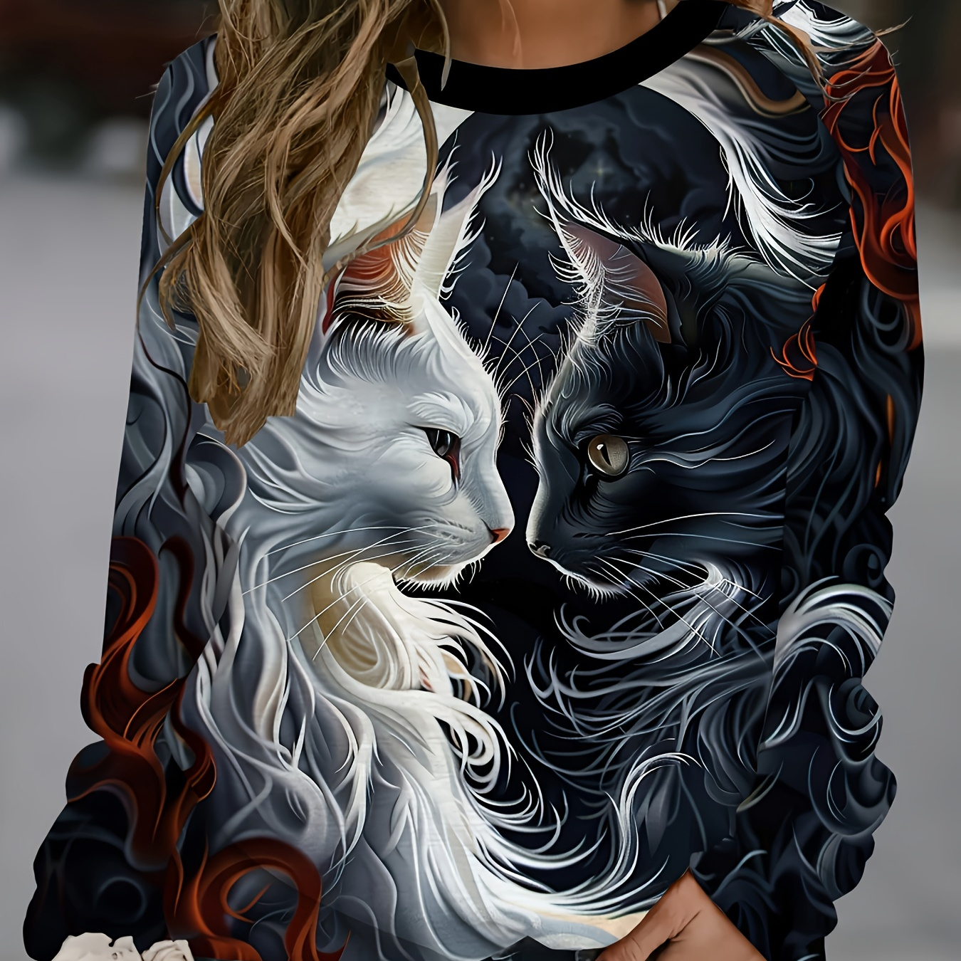 

Women's 3d Printed Dual Cats Design T-shirt, Polyester 95% Spandex 5%, Casual Crew Neck, Long Sleeve, Animal Pattern, Knit Fabric, Regular Length, For Spring/fall Outdoor