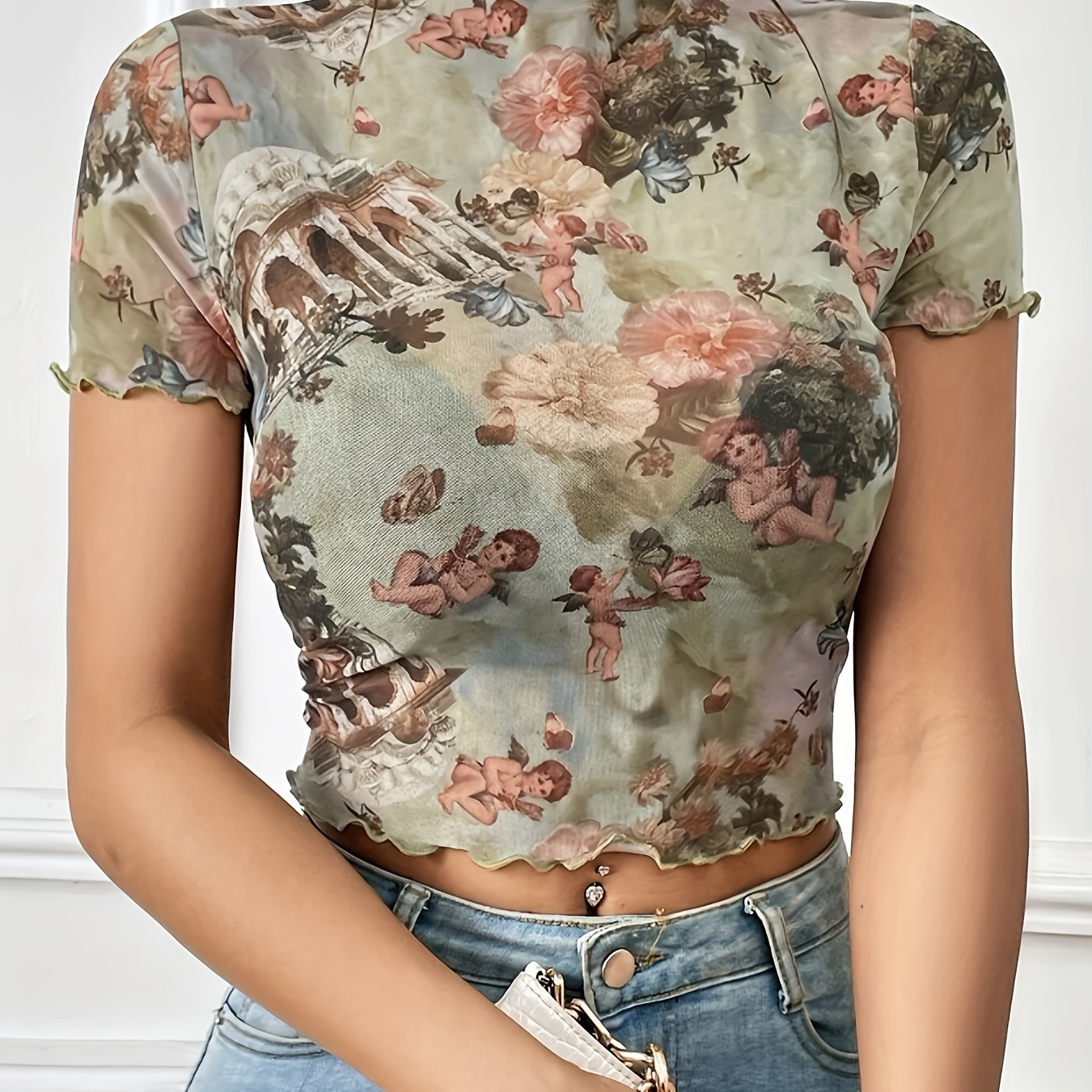 

Floral Print Lettuce Trim T-shirt, Elegant Mock Neck Short Sleeve Slim Crop Top For Spring & Summer, Women's Clothing