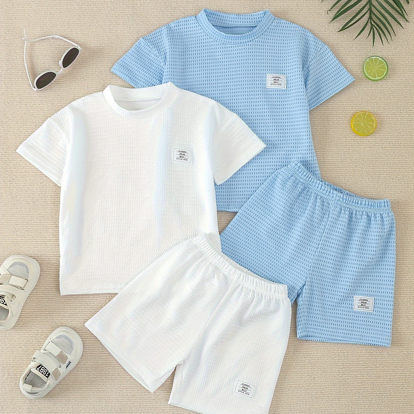 

4pcs Boys Casual Waffle Solid Comfortable Versatile Short Sleeve T-shirt & Shorts Set, Cool, Lightweight And Comfy Summer Clothes!