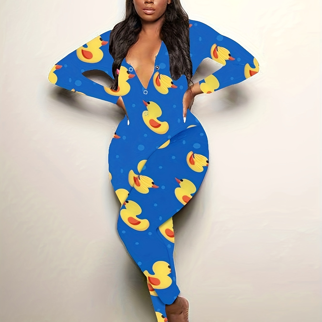 Cartoon Duck Print Lounge Romper, Long Sleeve V Neck Buttons Romper, Women's Loungewear & Sleepwear