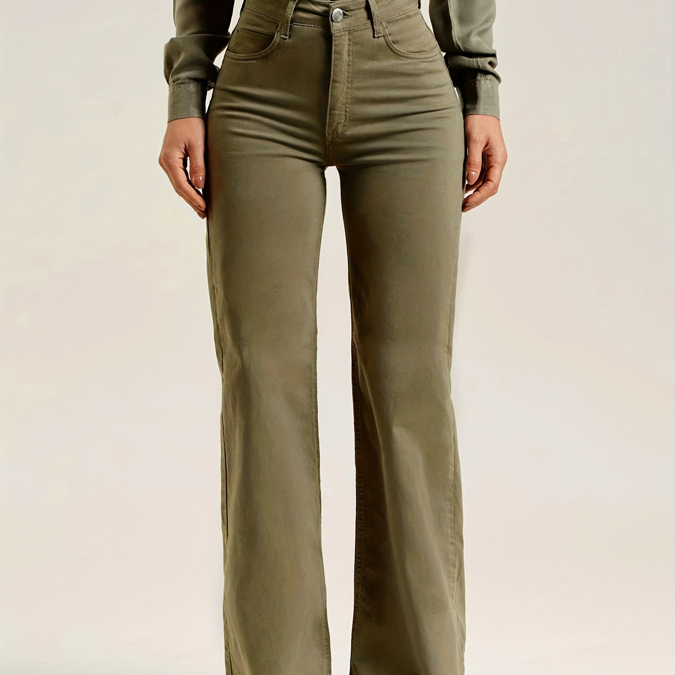 

Army Green Raw Hem High Strech Jeans, Solid Color Mid Waist Slash Pocket Bootcut Denim Pants, Stylish & Versatile, Women's Denim Jeans & Clothing