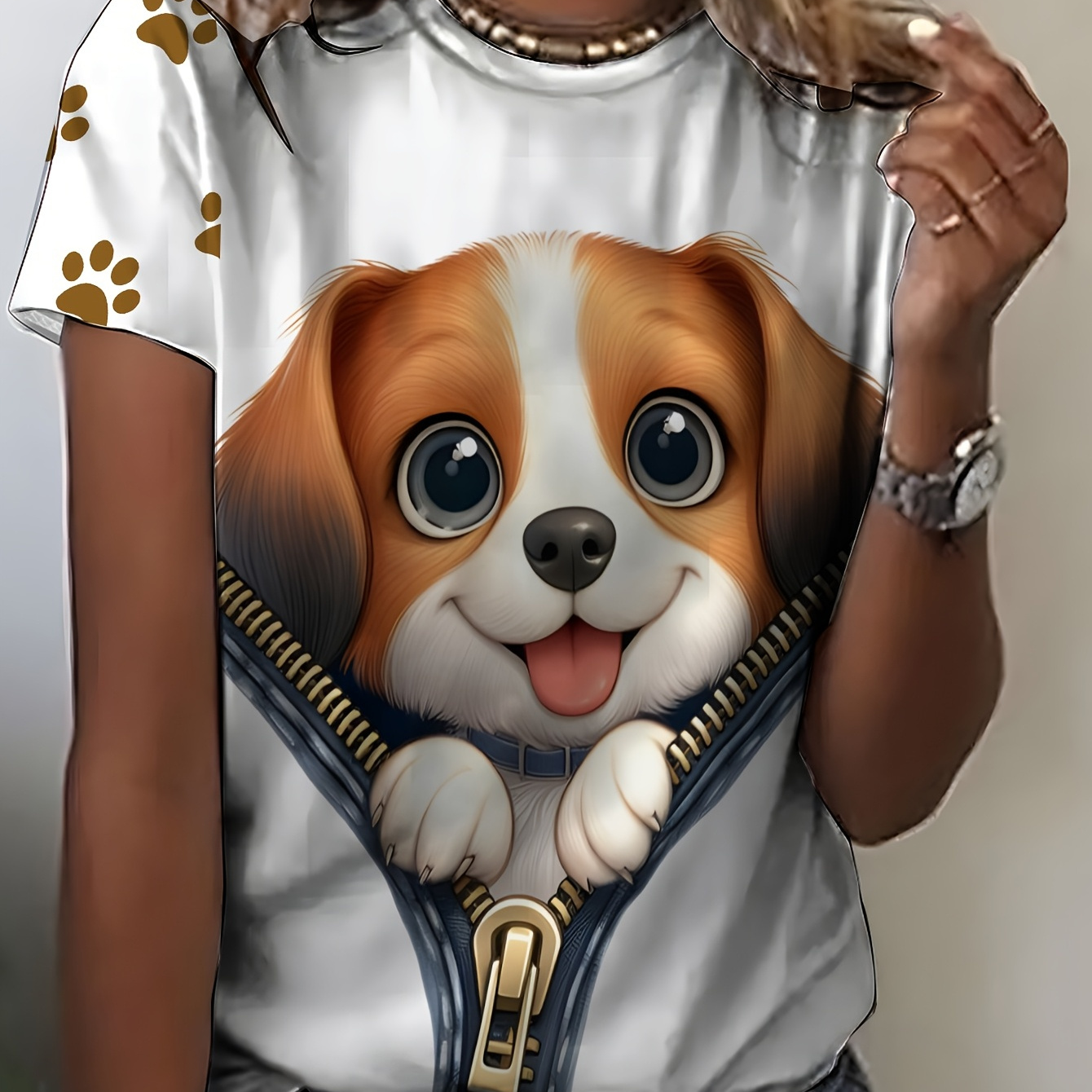 

1pc Women's Plus Size Casual T-shirt With Cute Dog & Print, Polyester Crew Neck Top With Stretch, Knit Fabric Short Sleeve Tee For Spring/summer/fall - Ideal 2025 New Year Gift