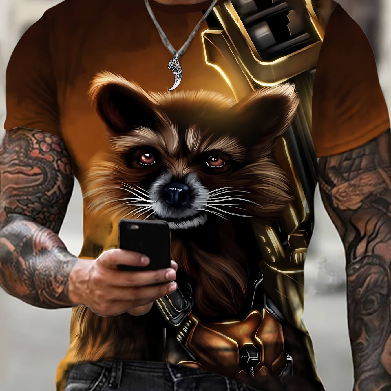 

Plus Size Men's 3d Raccoon Graphic Print T-shirt For Summer, Stylish Casual Short Sleeve Tees For Males